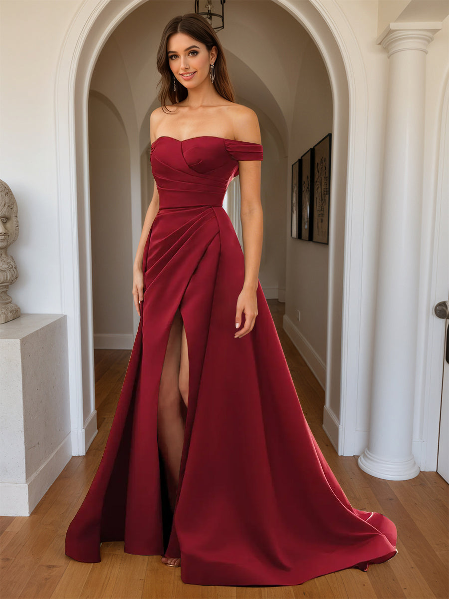 Cicinia BORDEAUX Robe de Soirée Longue Fourreau en Satin Doux Fente Épaules Dénudées