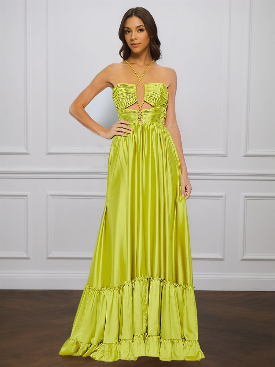 Cicinia CITRON Robe de Soirée Longue en Satin Doux A-Line Bretelles Spaghetti Traîne Balayée