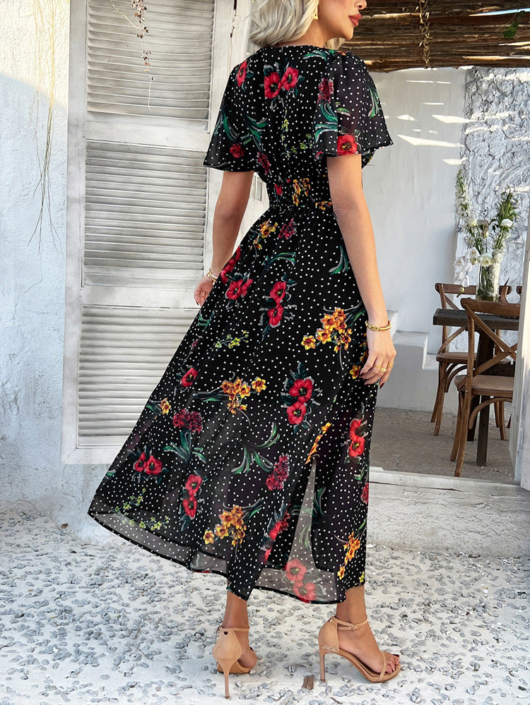 Robe de Mariée Invitée Noire Sexy en Mousseline Imprimé Florale à Manches Courtes