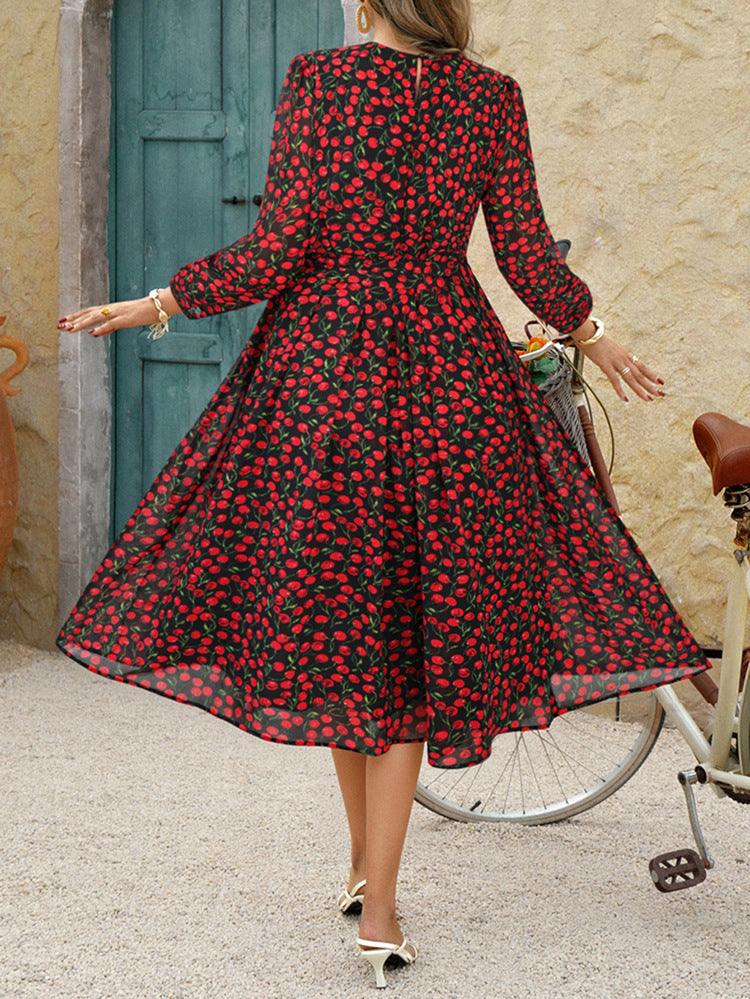 Robe Invitée Mariage Noir Mi-Longue Col Ras du Cou et Manches Longues
