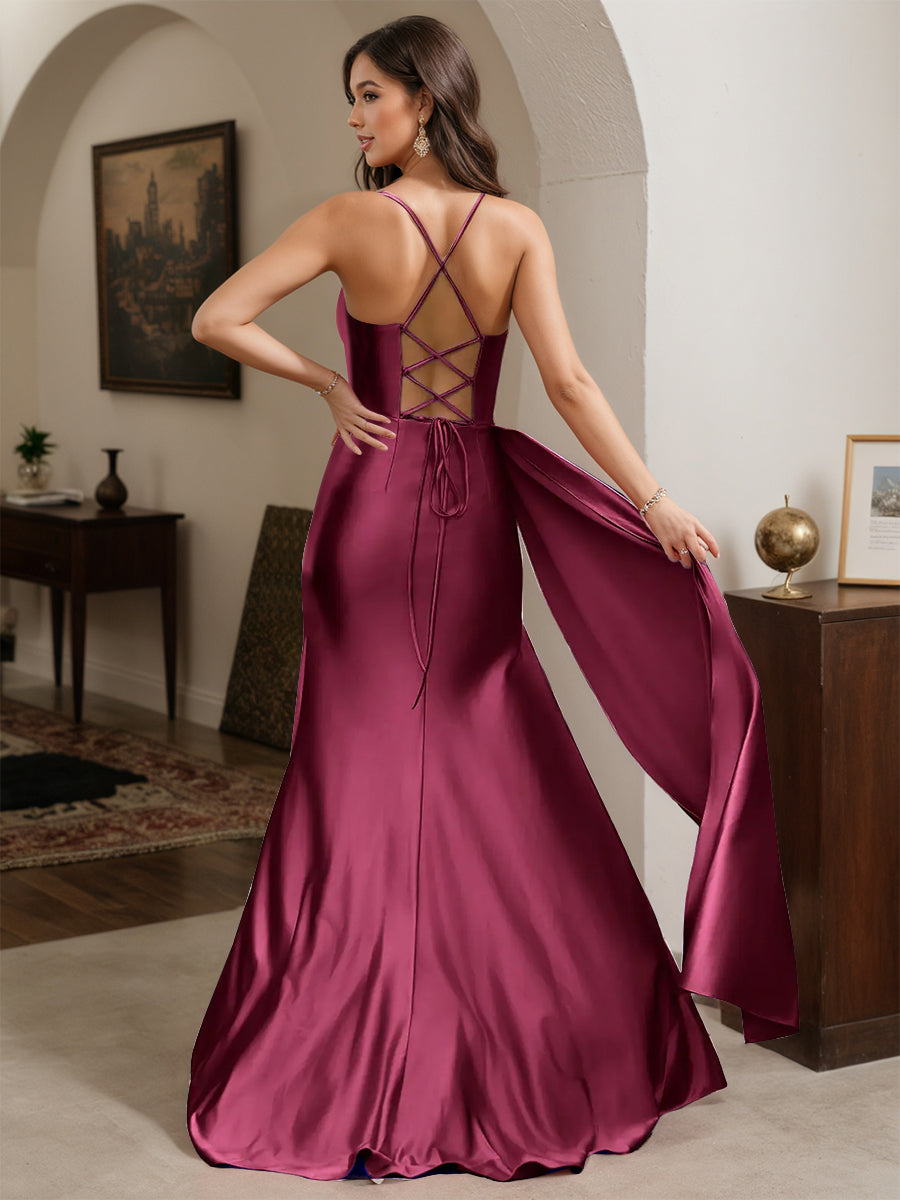Cicinia Robe de Soirée MuRE Longue Fourreau à Bretelles Spaghetti Fente avec Drapé Latéral