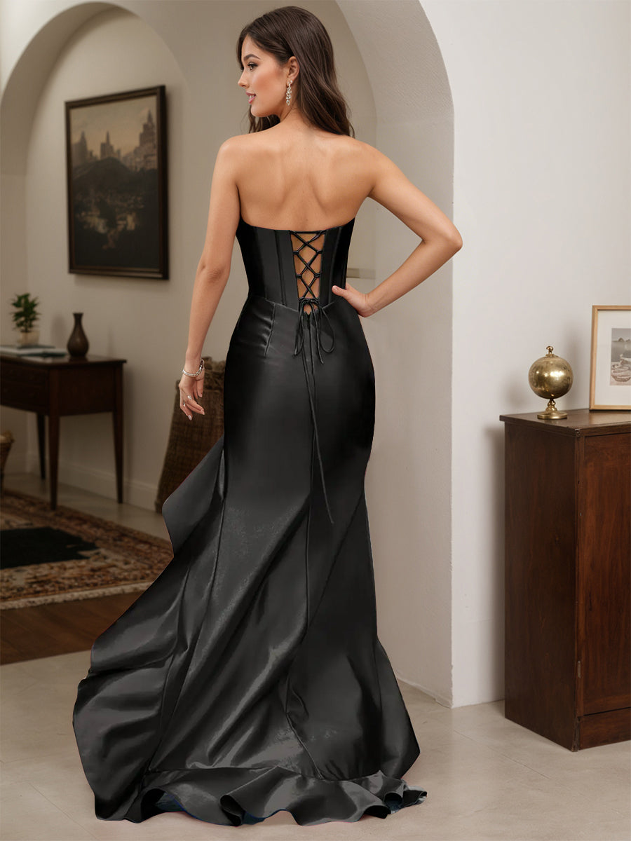 Cicinia Robe de Soirée Noire Longue Fourreau sans Bretelles à Volants