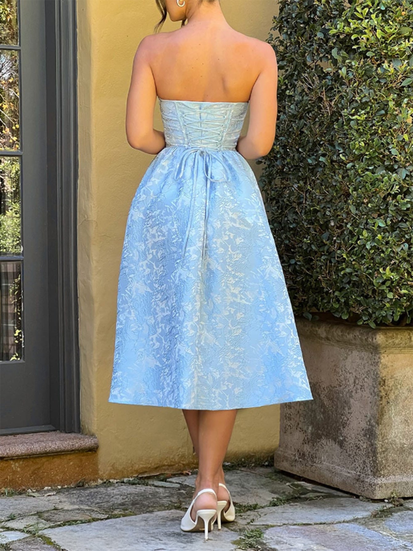 Robe Invitée Mariage BLEU_CIEL Florale Taille Empire Sans Bretelle