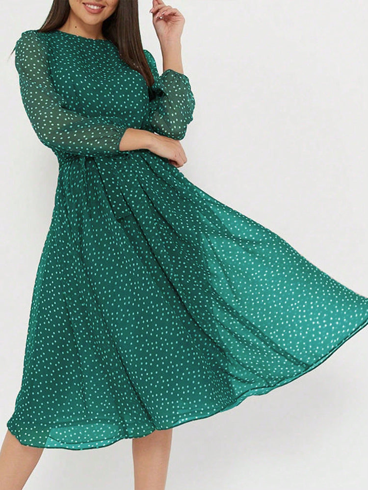 Robe Invitée Mariage Vert Mi-Longue Col Ras du Cou et Manches Longues