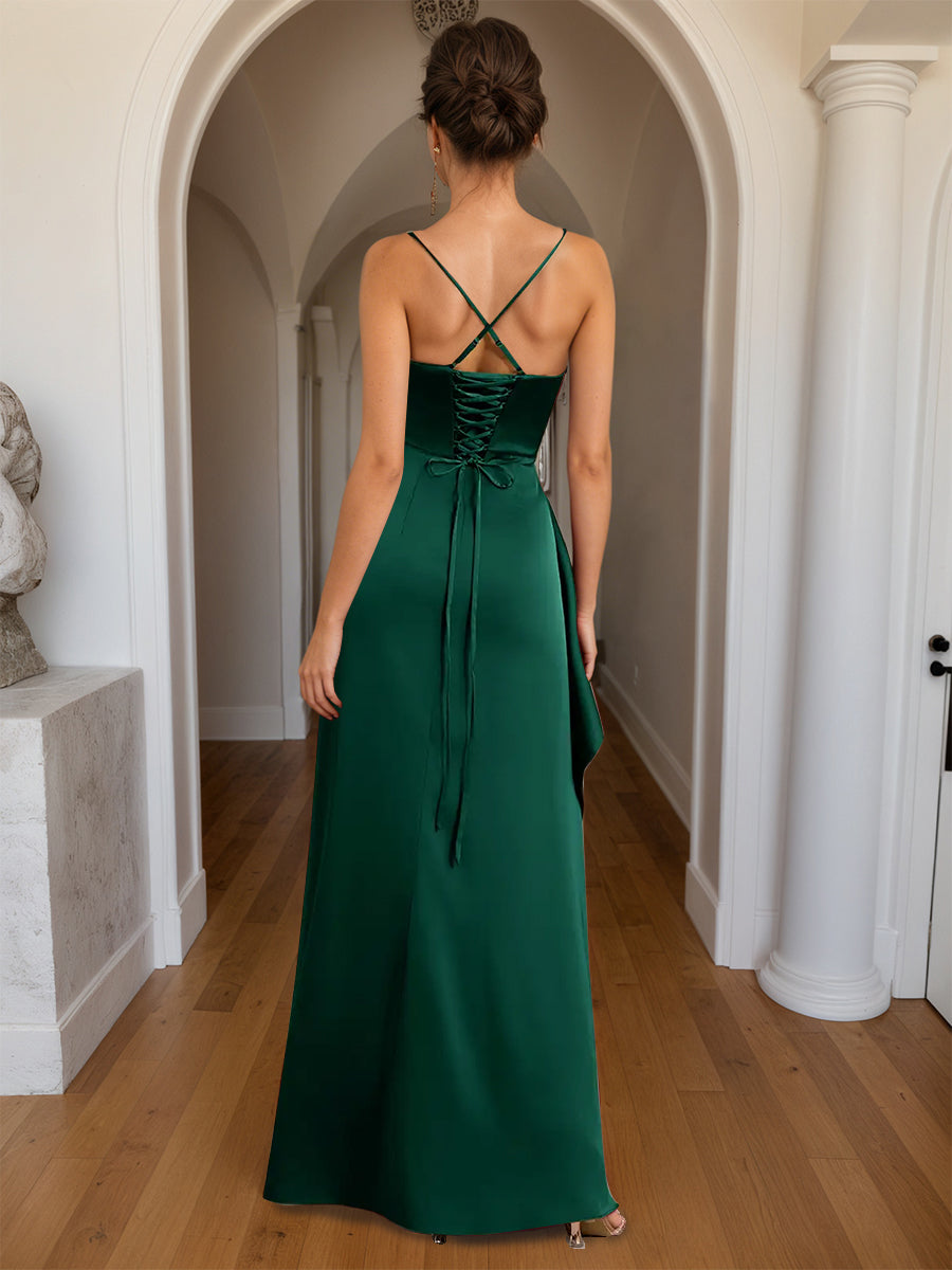Cicinia Robe de Soirée VERT FONCE Longue Fourreau à Bretelles Spaghetti Fente Longueur Sol