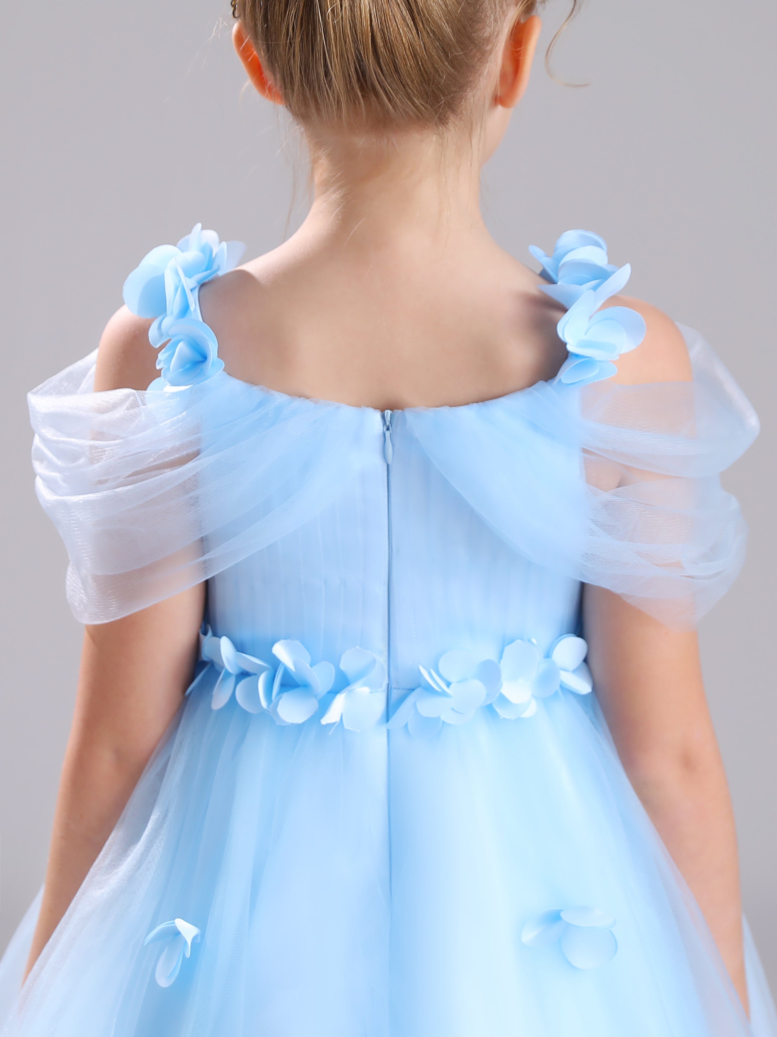 Epaule Dénudée Satin et Tulle Mi-longue Robe Fille