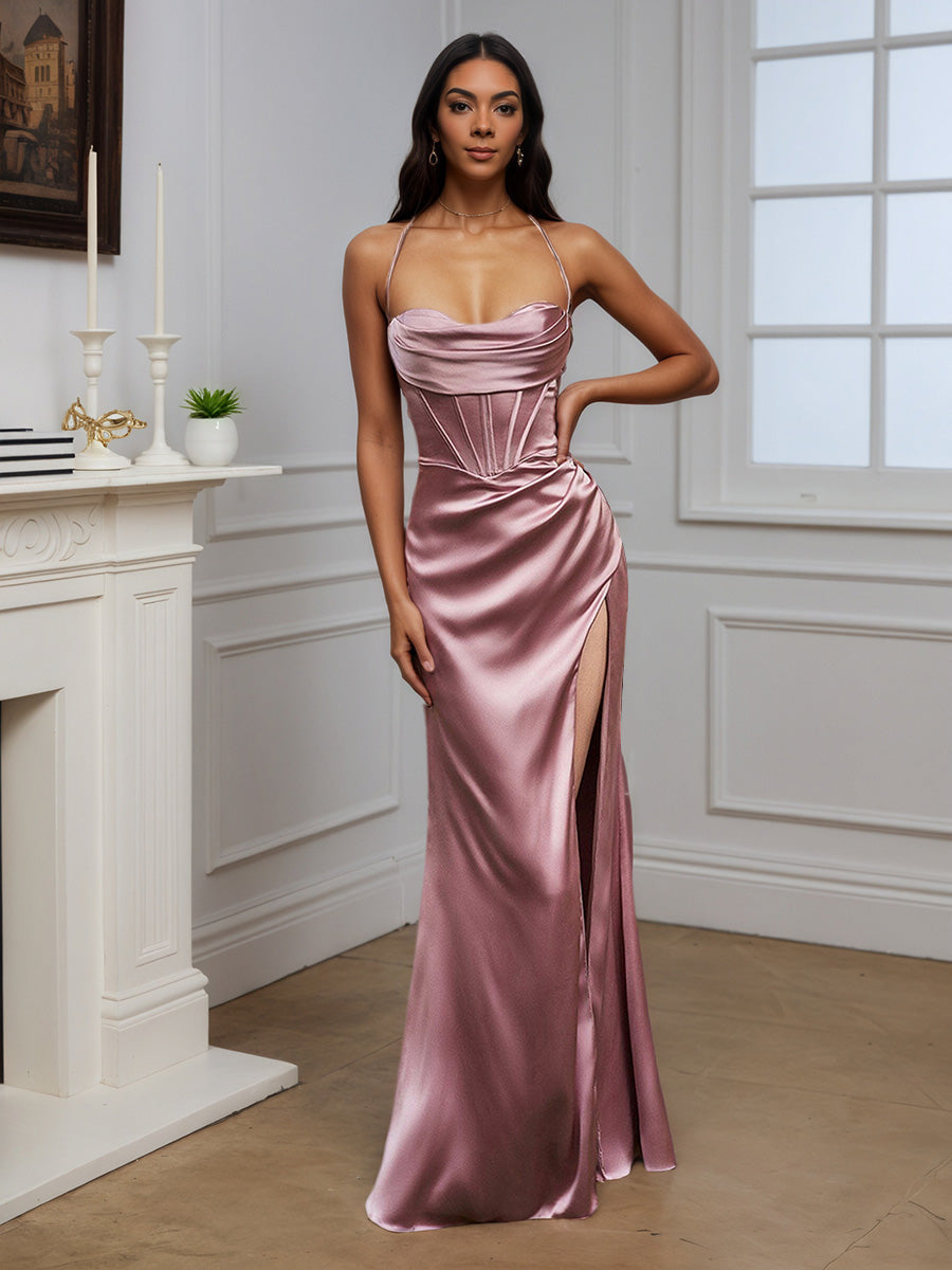 Cicinia Robe de Soirée ROSE_POUDRE Longue Fourreau à Bretelles Spaghetti Fente Traîne Balayée Chic