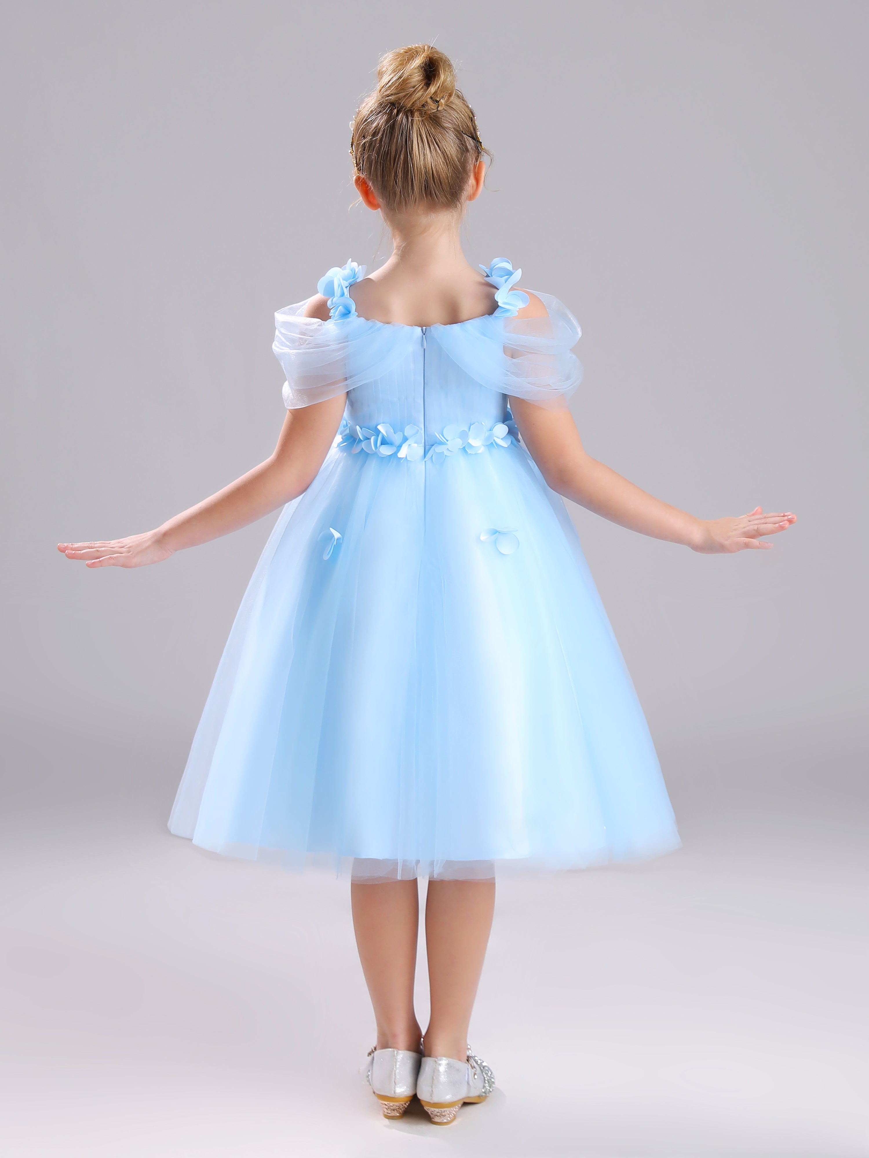 Epaule Dénudée Satin et Tulle Mi-longue Robe Fille