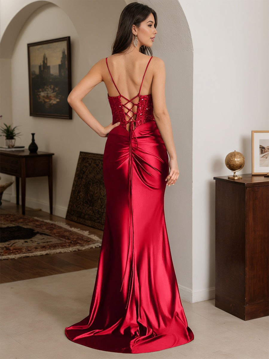 Cicinia Robe de Soirée Rouge Longue en Satin Extensible Fourreau à Bretelles Spaghetti avec Traîne Balayée