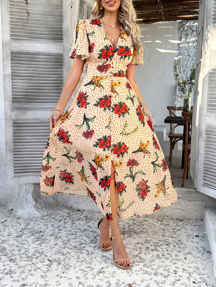 Robe de Mariée Invitée JONQUILLE Sexy en Mousseline Imprimé Florale à Manches Courtes