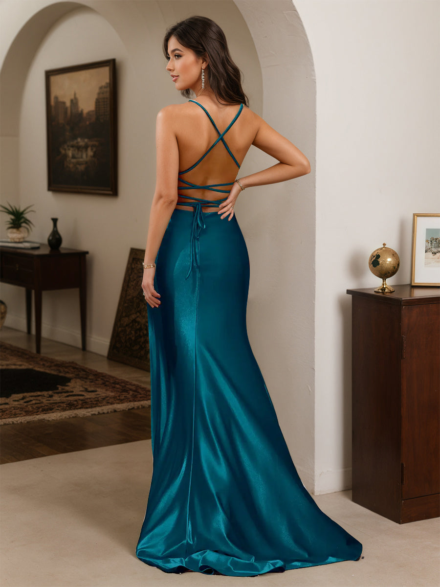 Cicinia Robe de Soirée BLEU_ENCRE Longue Fourreau à Bretelles Spaghetti Dos Nud Fente
