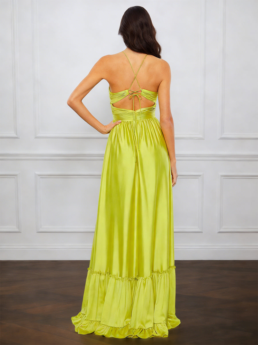 Cicinia CITRON Robe de Soirée Longue en Satin Doux A-Line Bretelles Spaghetti Traîne Balayée