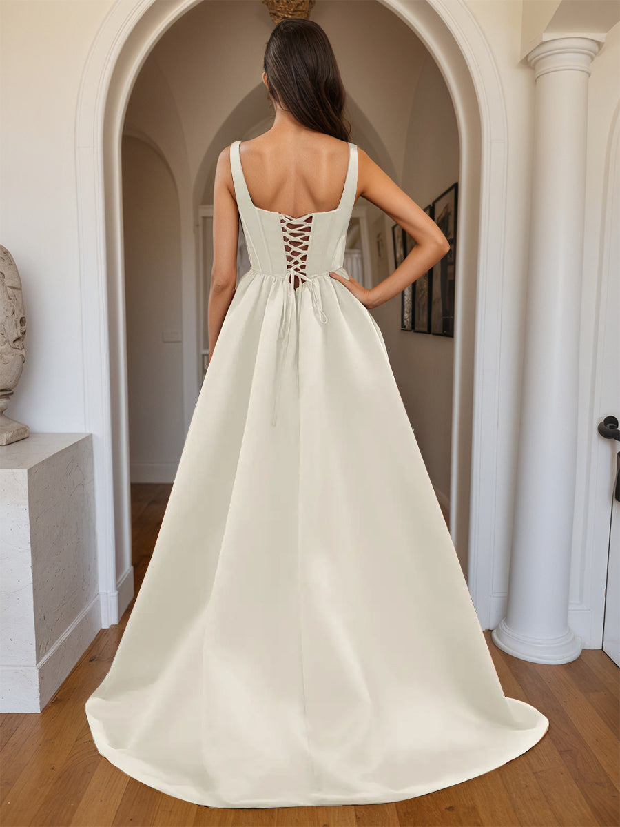 Cicinia Ivoire Robe de Soirée Longue A-Line en Satin Décolleté Carré Ravissante