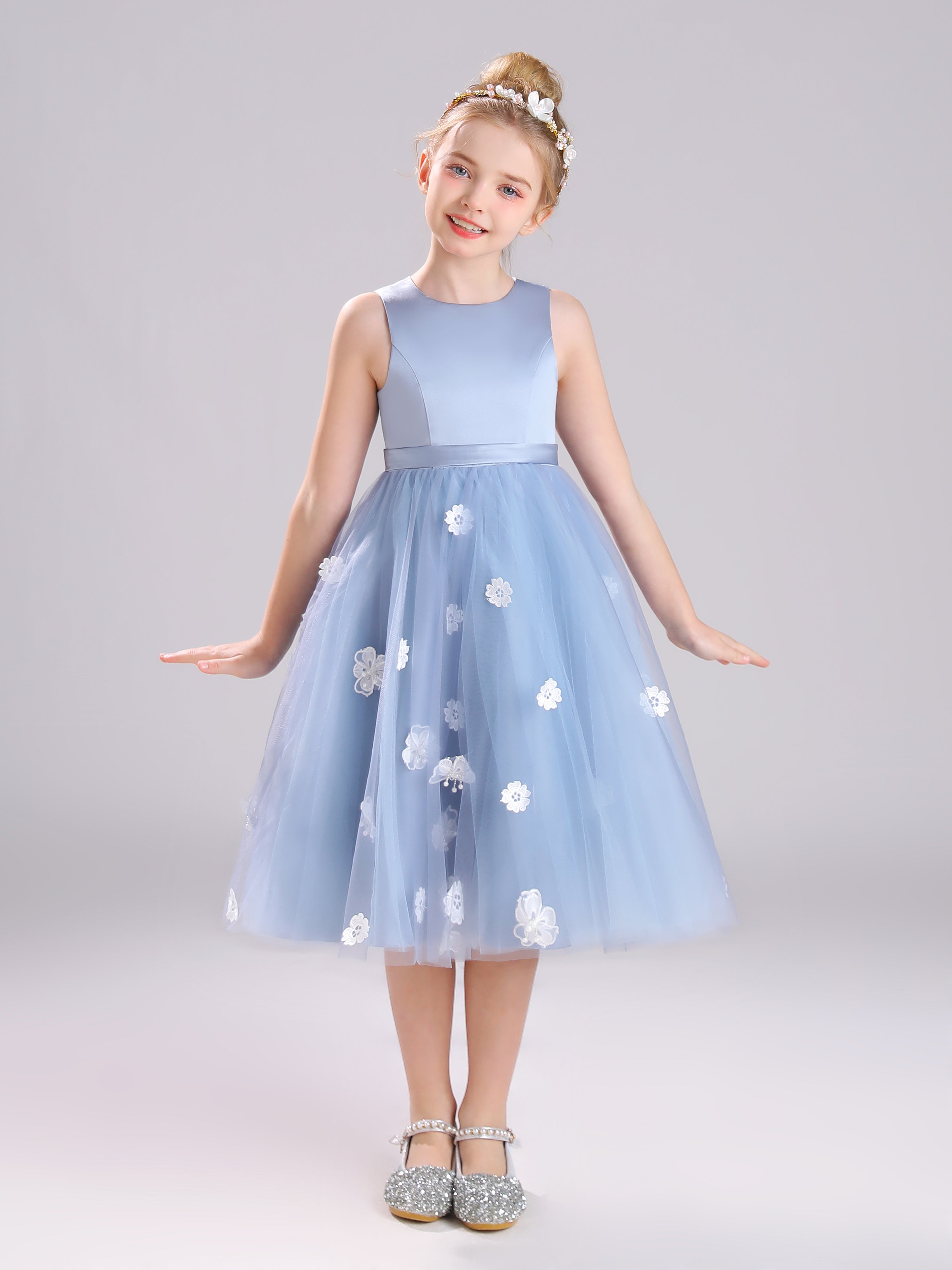 Col Rond Satin et Tulle Mi-longue Robe Fille Avec Appliques Florales