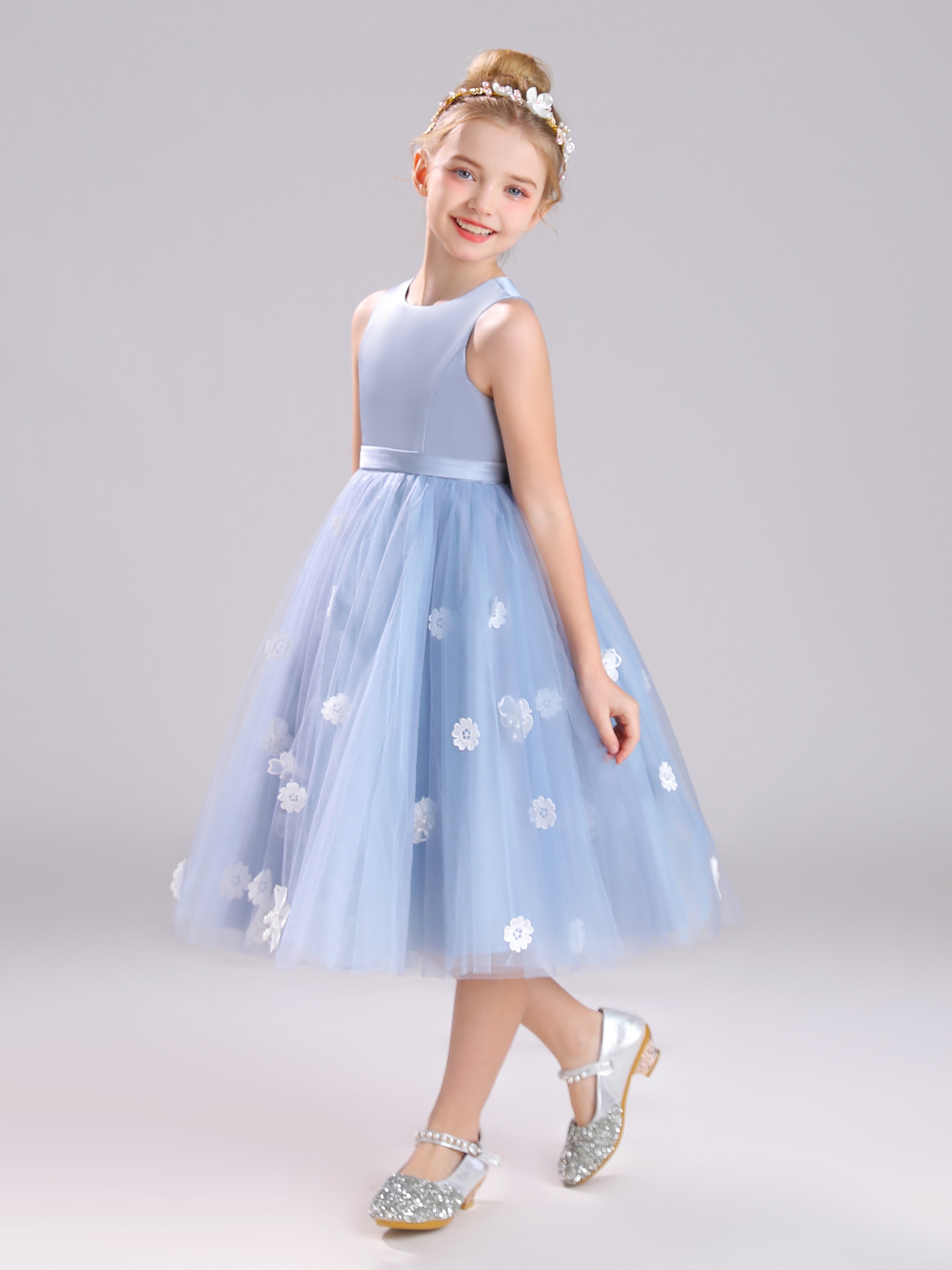 Col Rond Satin et Tulle Mi-longue Robe Fille Avec Appliques Florales