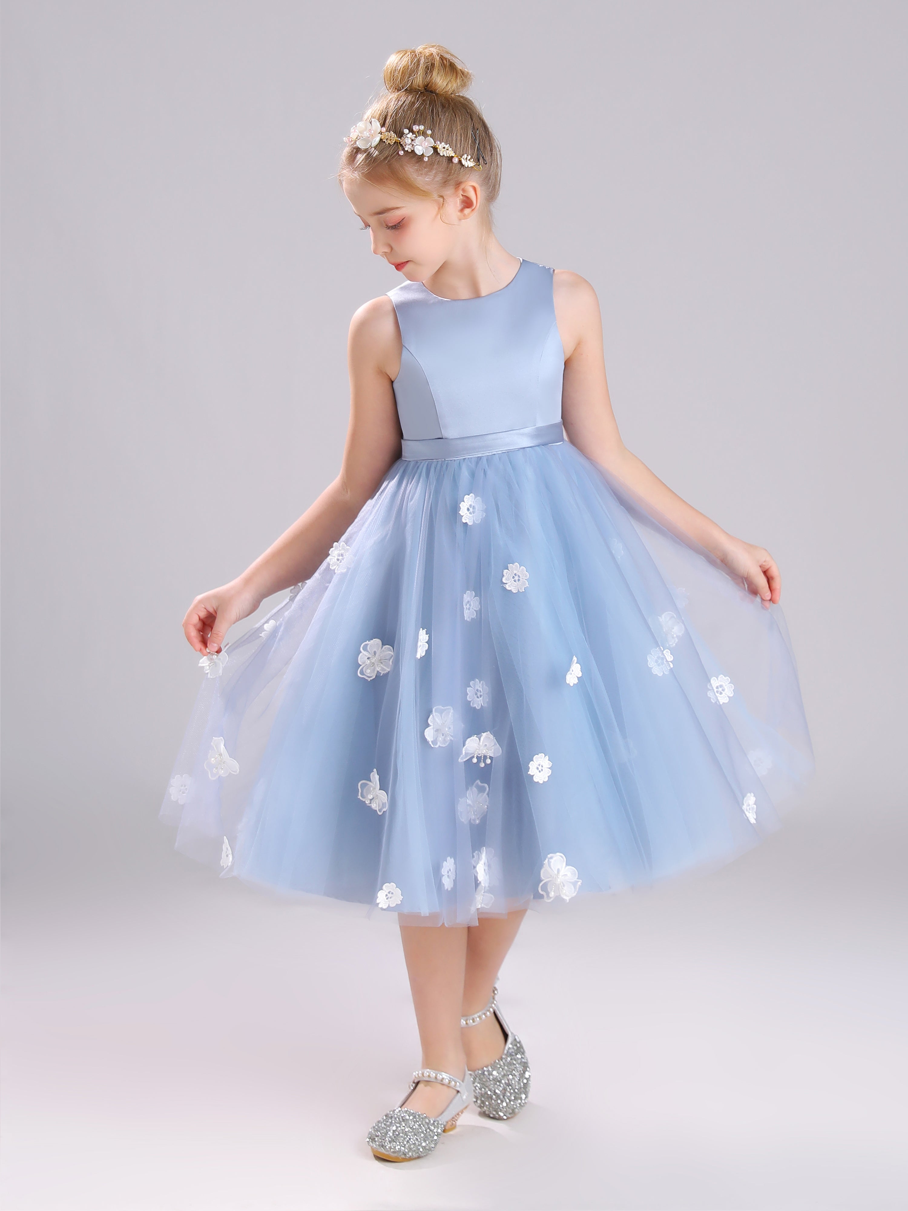 Col Rond Satin et Tulle Mi-longue Robe Fille Avec Appliques Florales