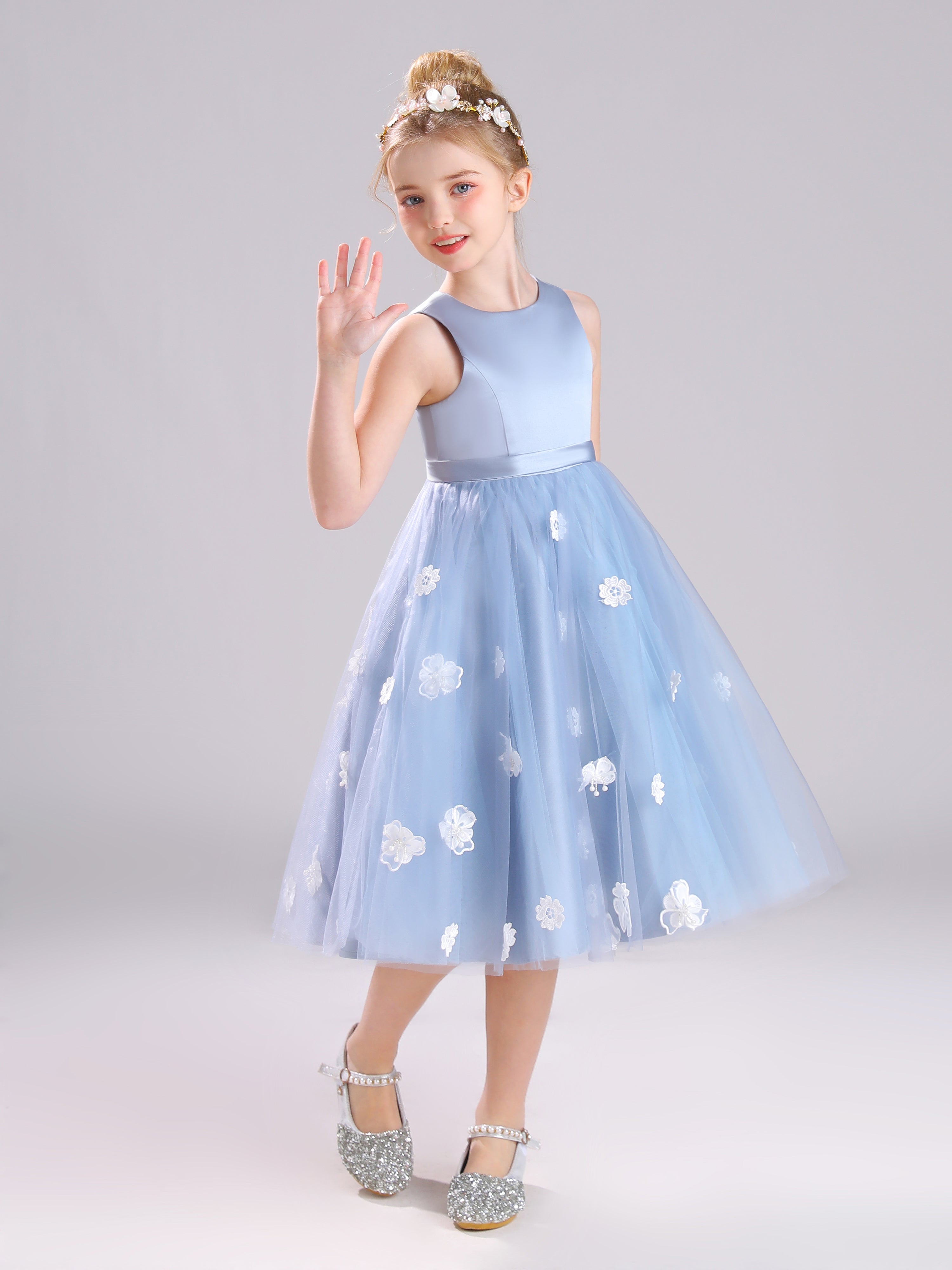 Col Rond Satin et Tulle Mi-longue Robe Fille Avec Appliques Florales