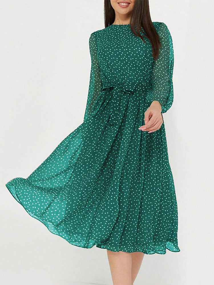 Robe Invitée Mariage Vert Mi-Longue Col Ras du Cou et Manches Longues