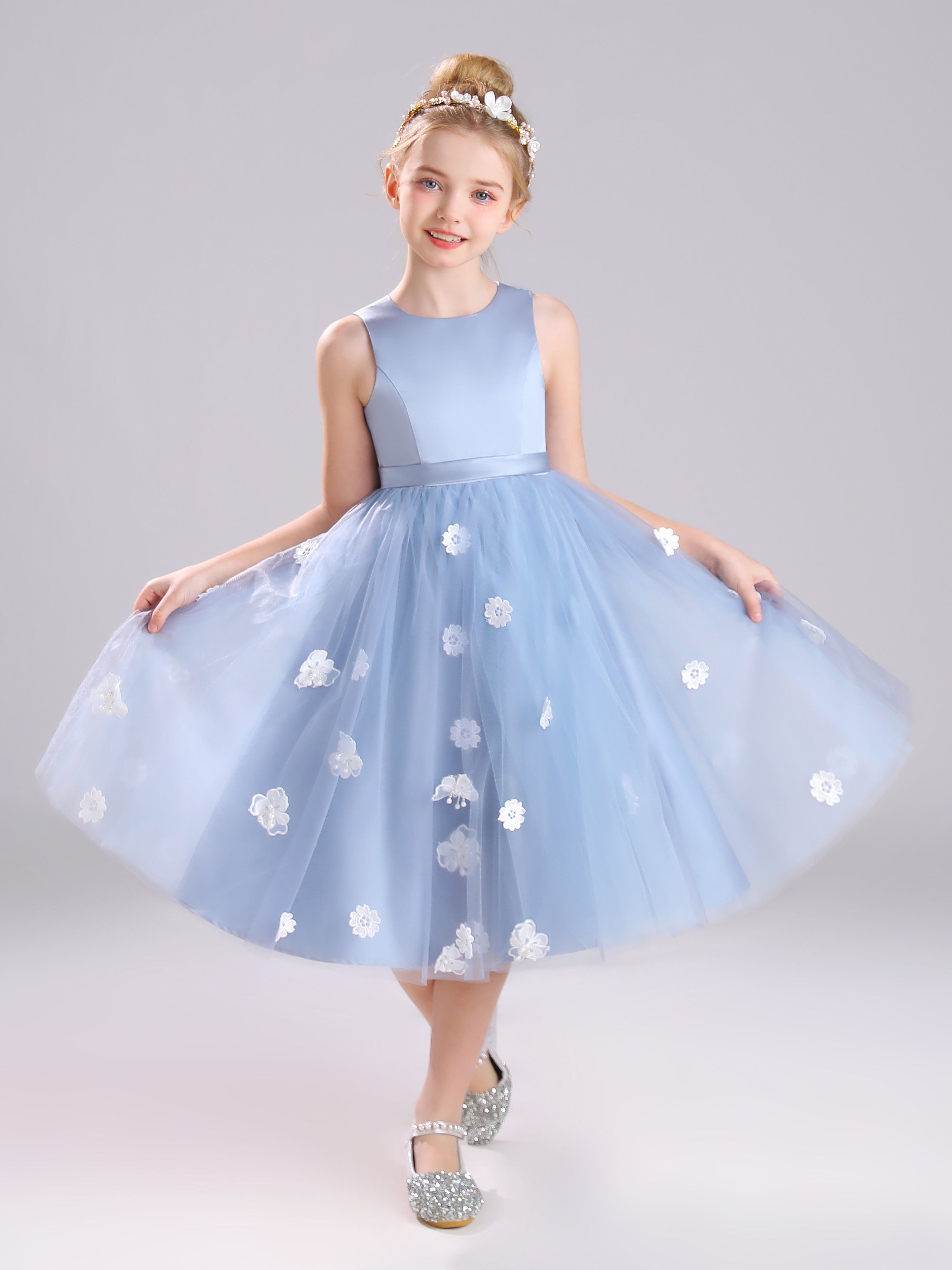 Col Rond Satin et Tulle Mi-longue Robe Fille Avec Appliques Florales