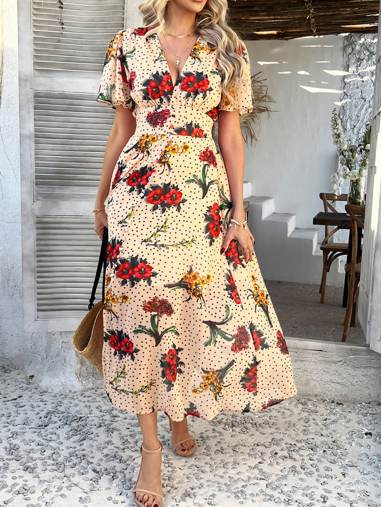 Robe de Mariée Invitée JONQUILLE Sexy en Mousseline Imprimé Florale à Manches Courtes