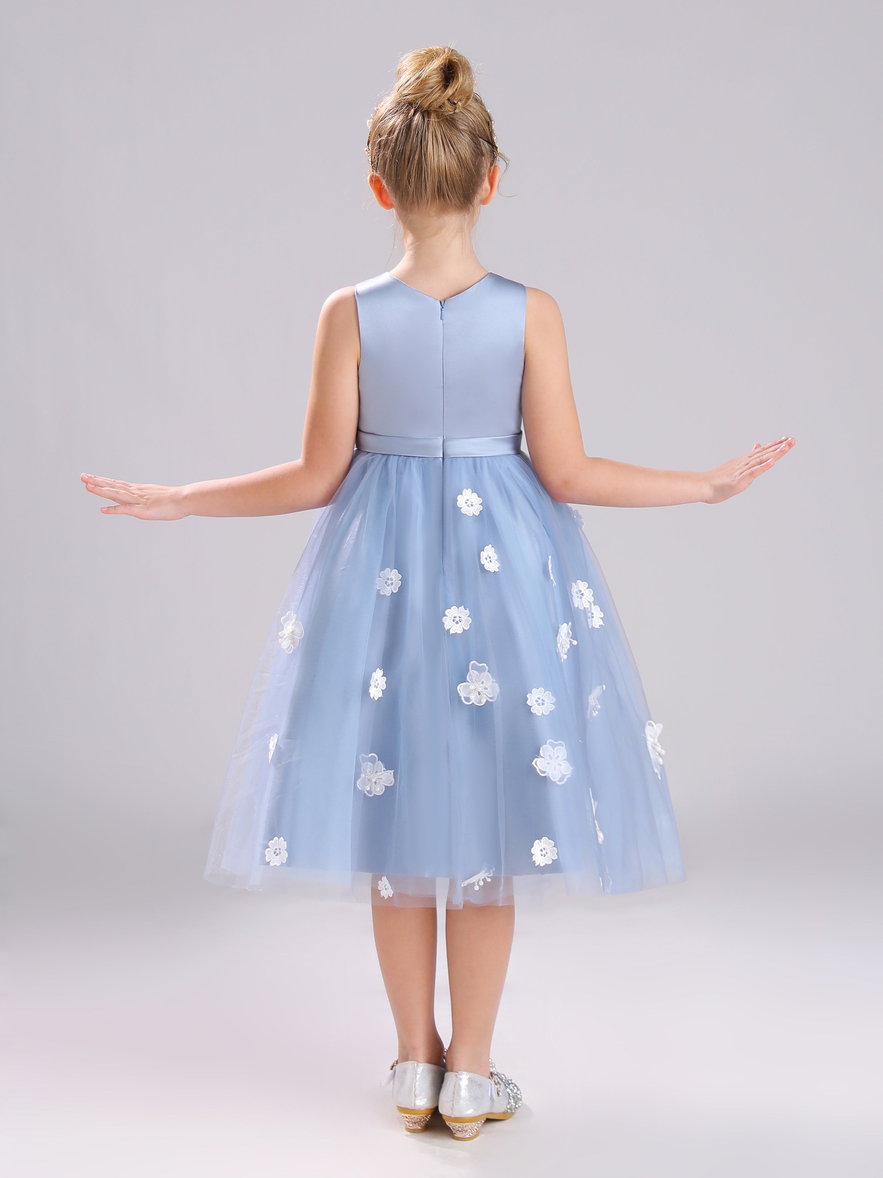 Col Rond Satin et Tulle Mi-longue Robe Fille Avec Appliques Florales