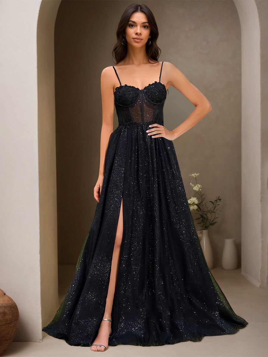 Cicinia Noir Robe de Soirée Longue en Tulle Scintillant A-Line Bretelles Spaghetti Traîne Balayée Fente
