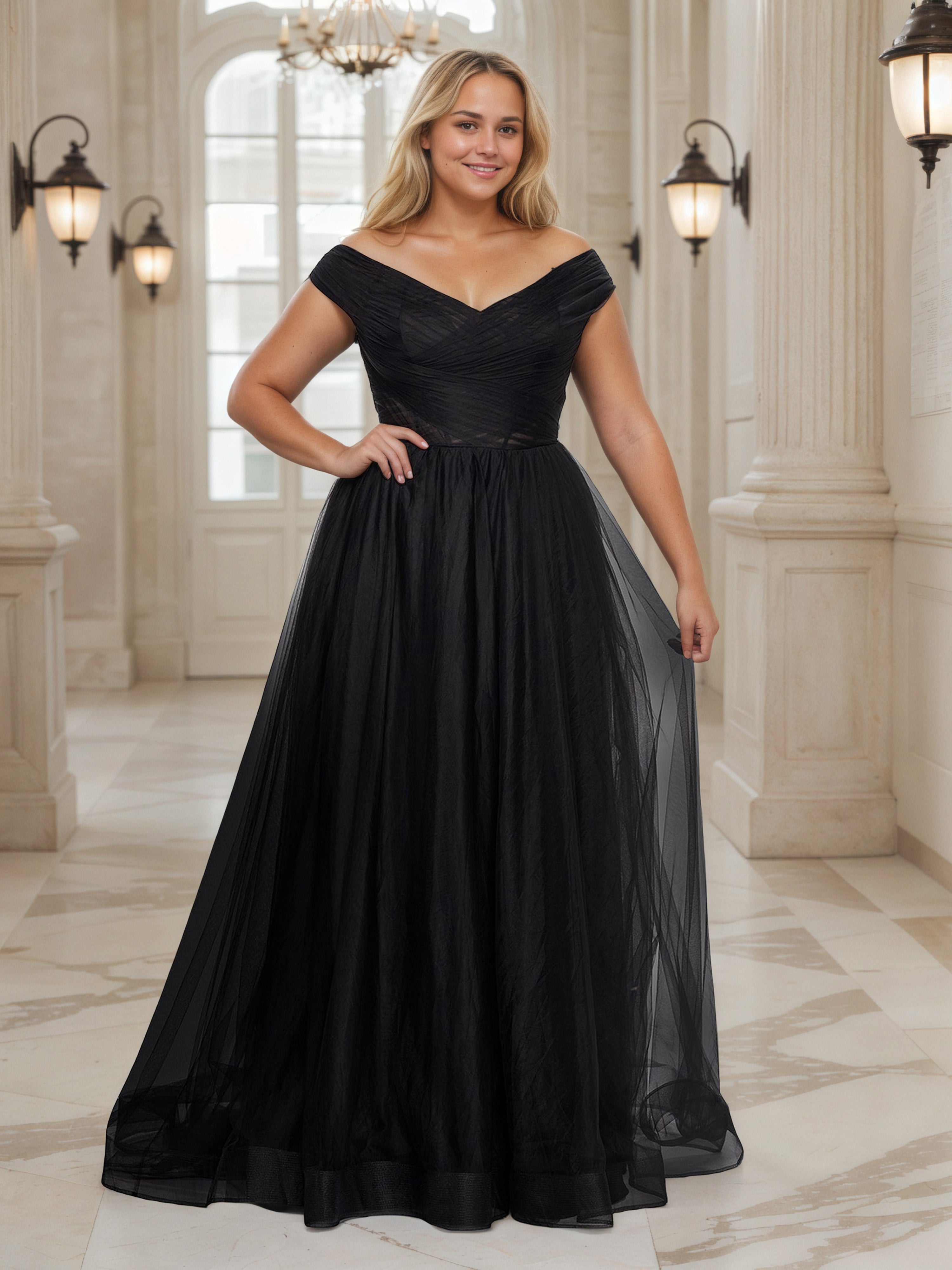 Robe de Bal Noire Epaules Dénudées Trapèze Grande Taille Longue