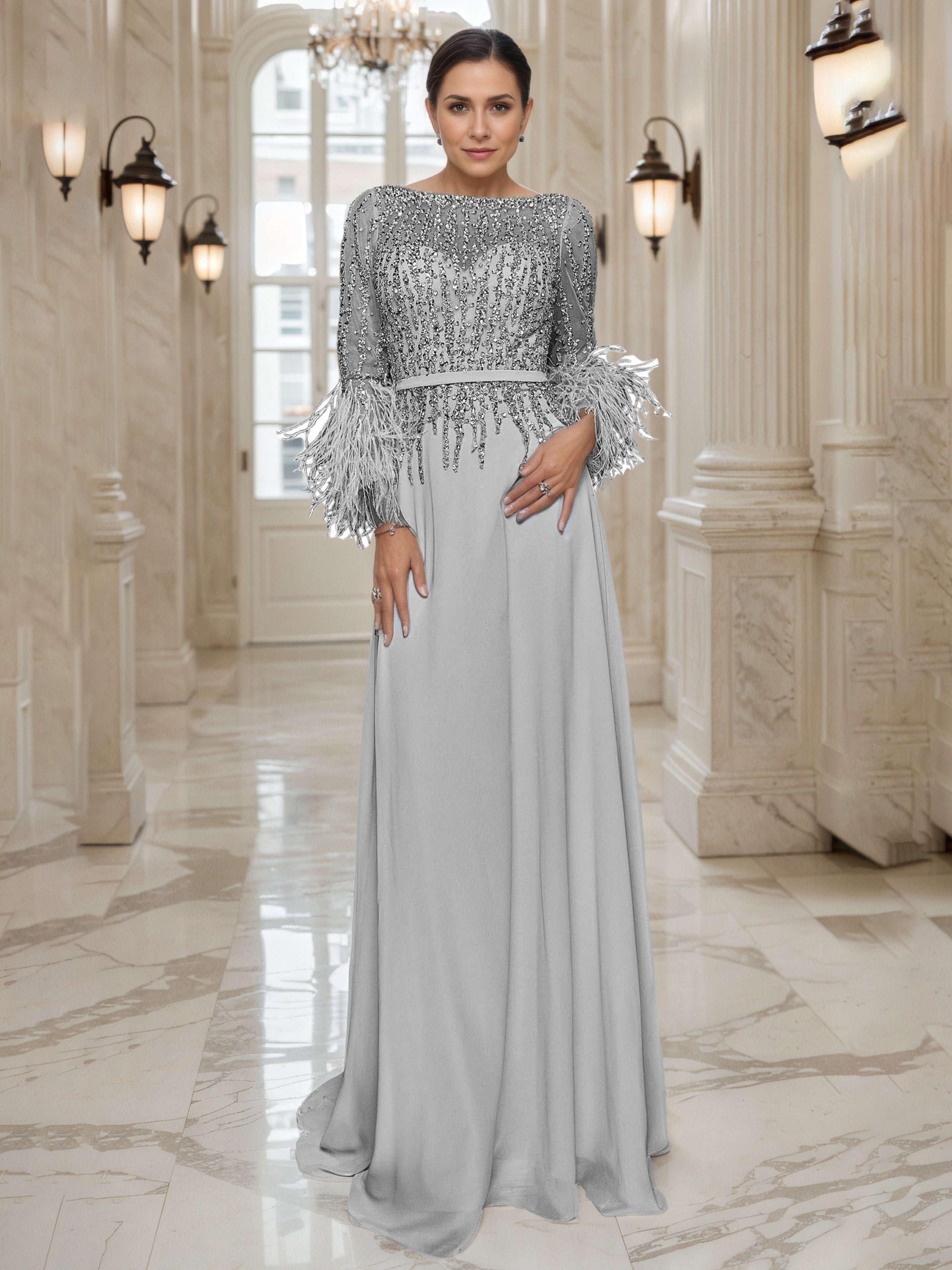 Robe de Soirée ARGENT et Paillettes Col ras du cou Robe Trapèze avec Manches Longues Illusion