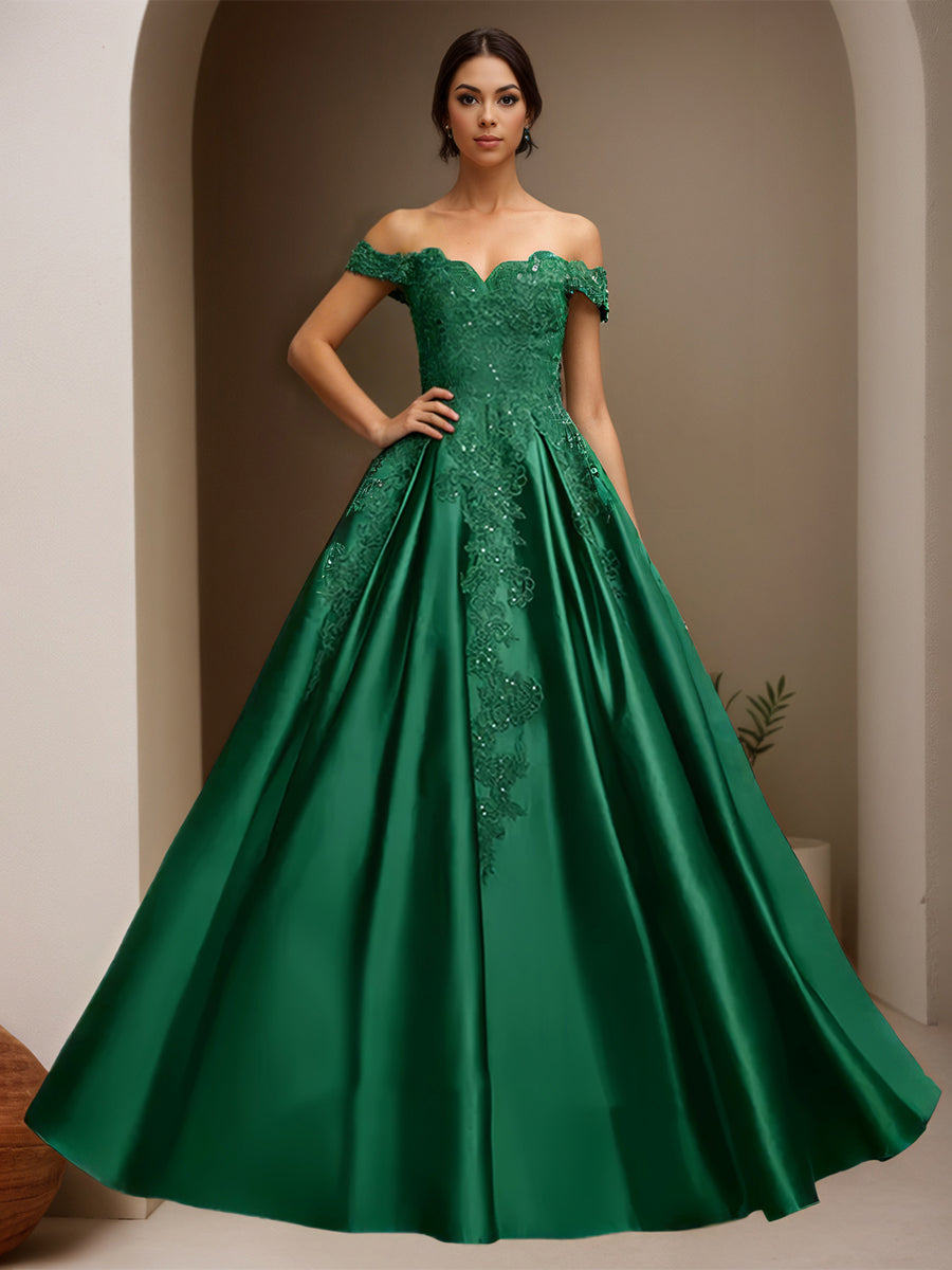 Cicinia Vert Foncé Robe de Soirée Longue en Satin Appliqués Dentelle A-Line Épaules Dénudées Longueur Sol