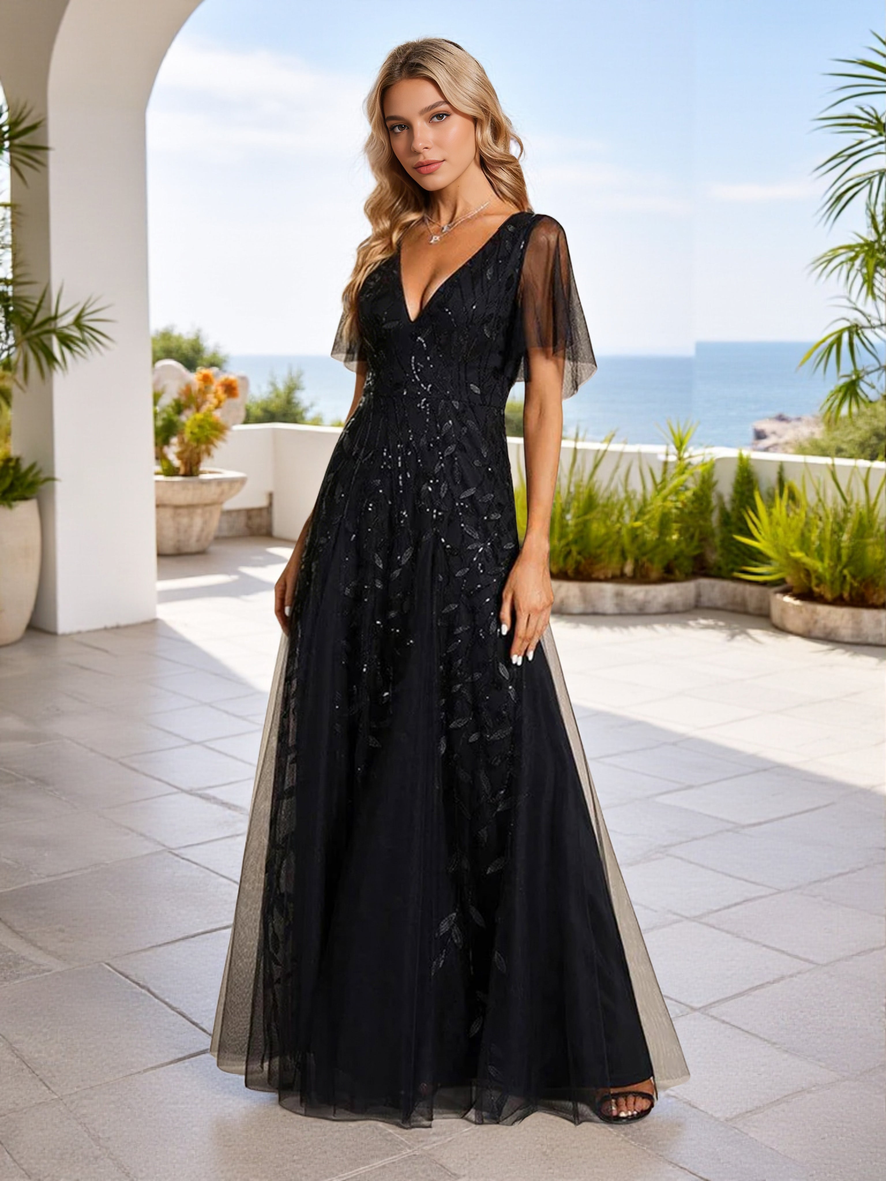 Cicinia Robe Demoiselle d’Honneur Bleu Marine Décolleté en V Manches à Volants Scintillante Romantique