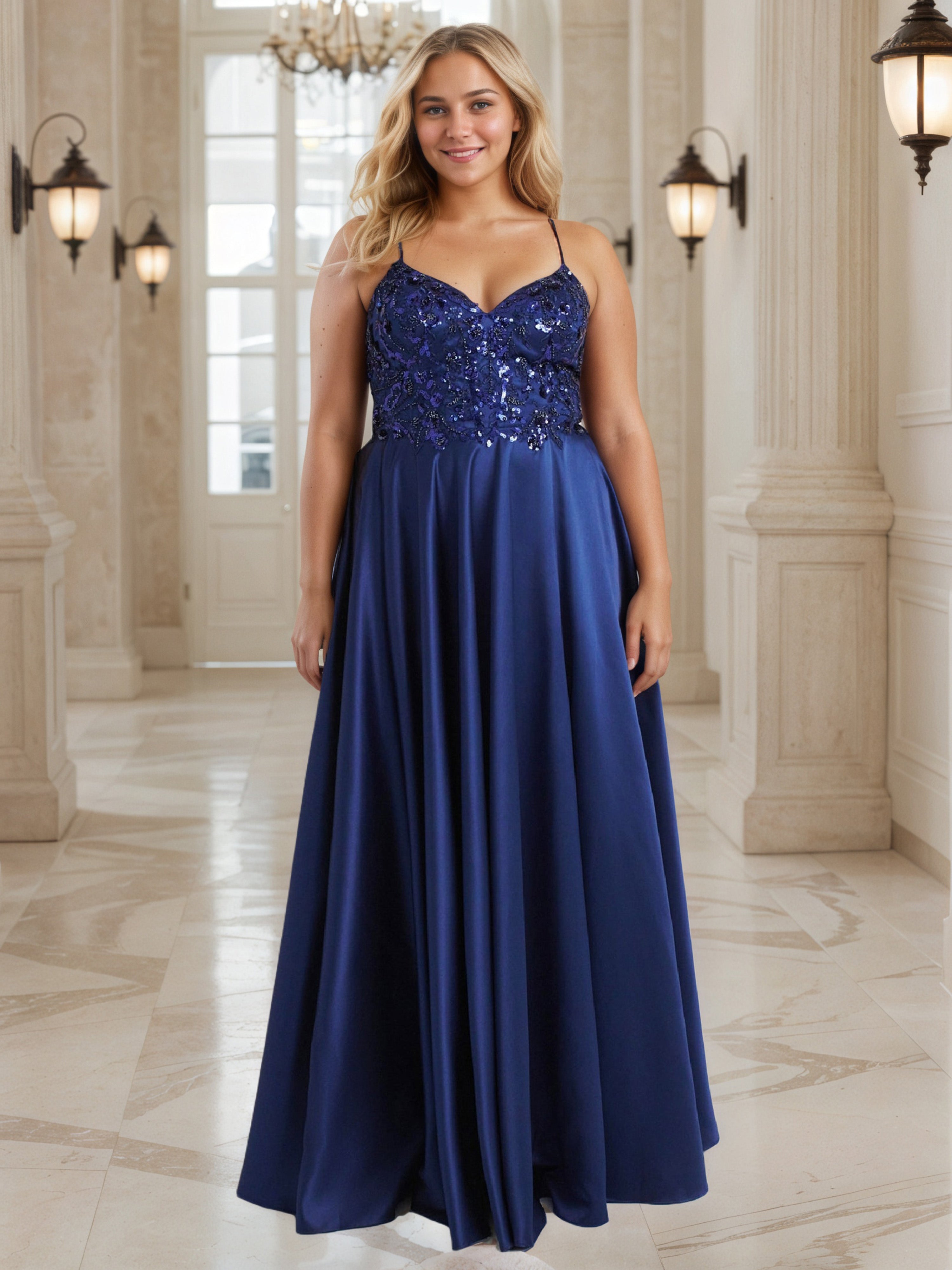 Robe de Bal à Paillettes avec Bretelles Spaghetti et Traîne Balayage Grande Taille Sans Manches