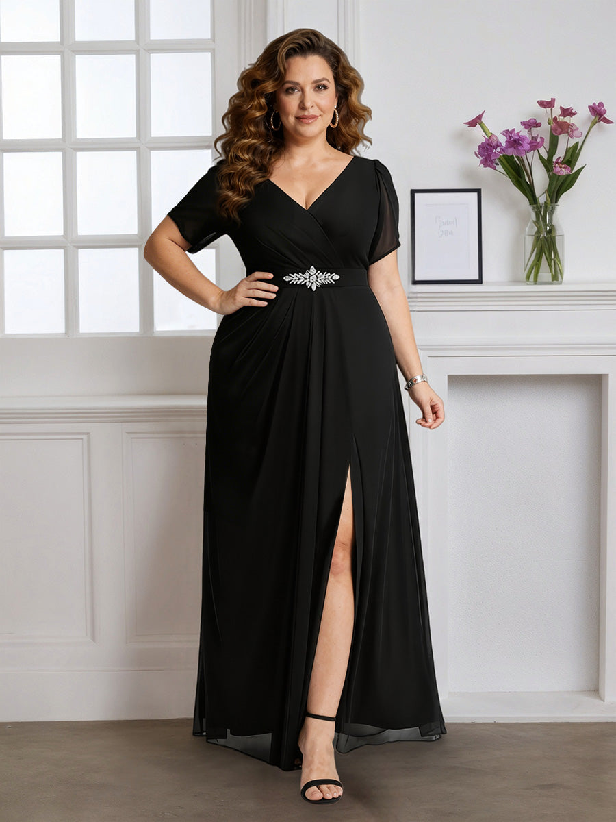 Cicinia Robe pour Mère de la Mariée Noir Longue A-Line en Mousseline Manches Courtes Décolleté en V Longueur Cheville Grande Taille