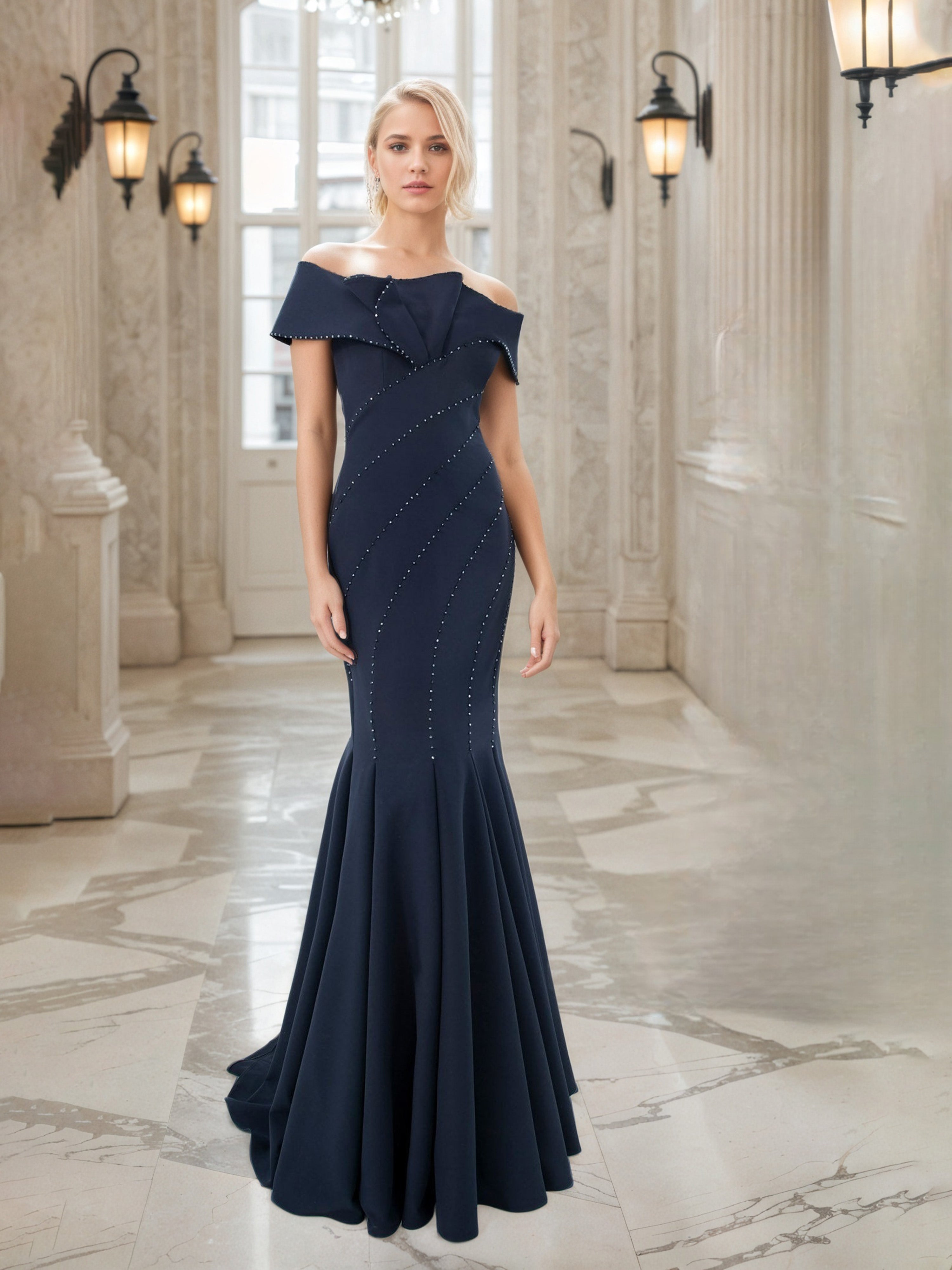 Robe de Soirée BLEU_MARINE Epaules Dénudées Trompette/Sirène Robe à traîne légère