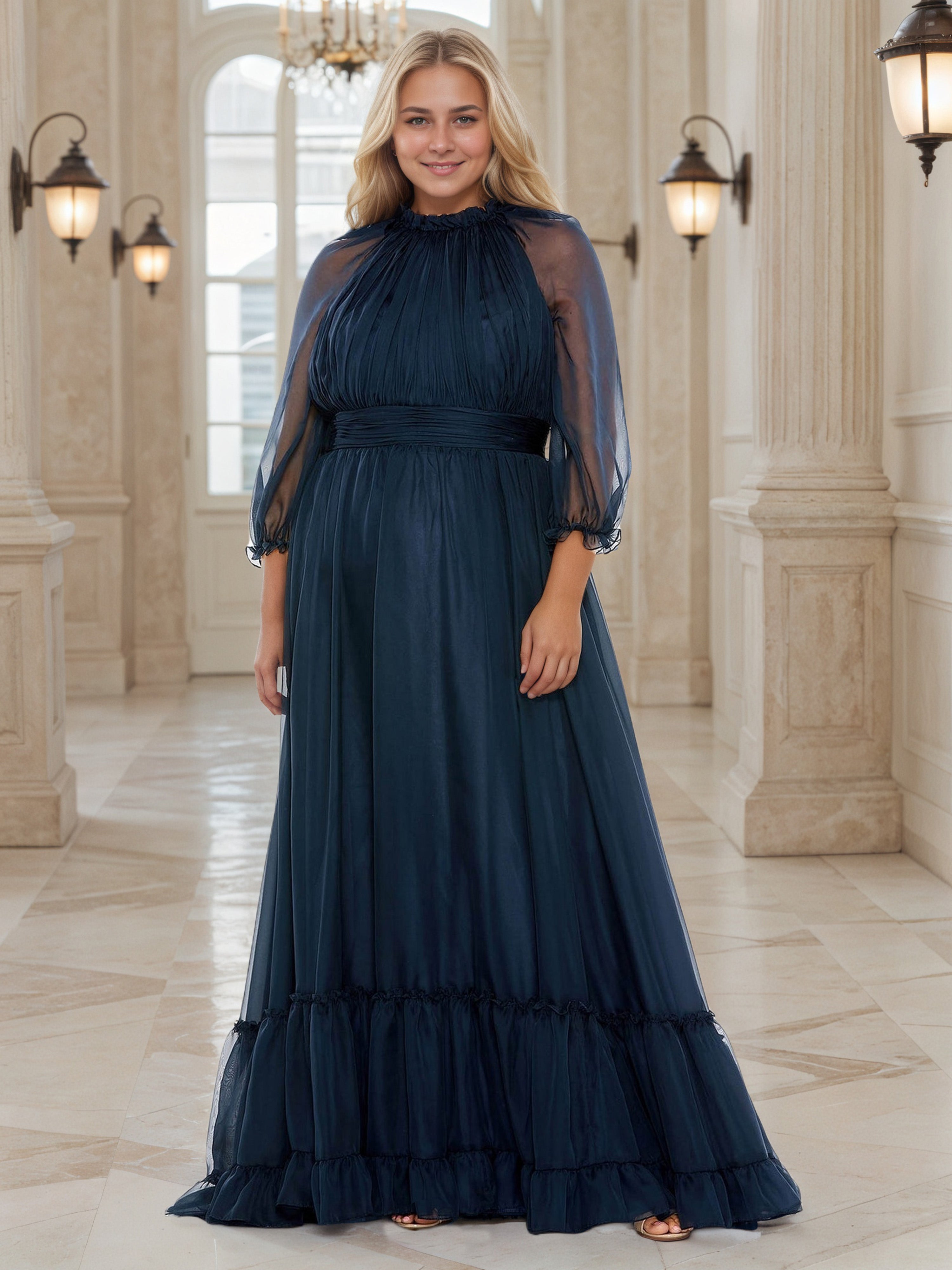 Robe de Bal BLEU_MARINE à Encolure Col Claudine et Manches Illusion Grande Taille Coupe A-Line avec Volants et Plissés