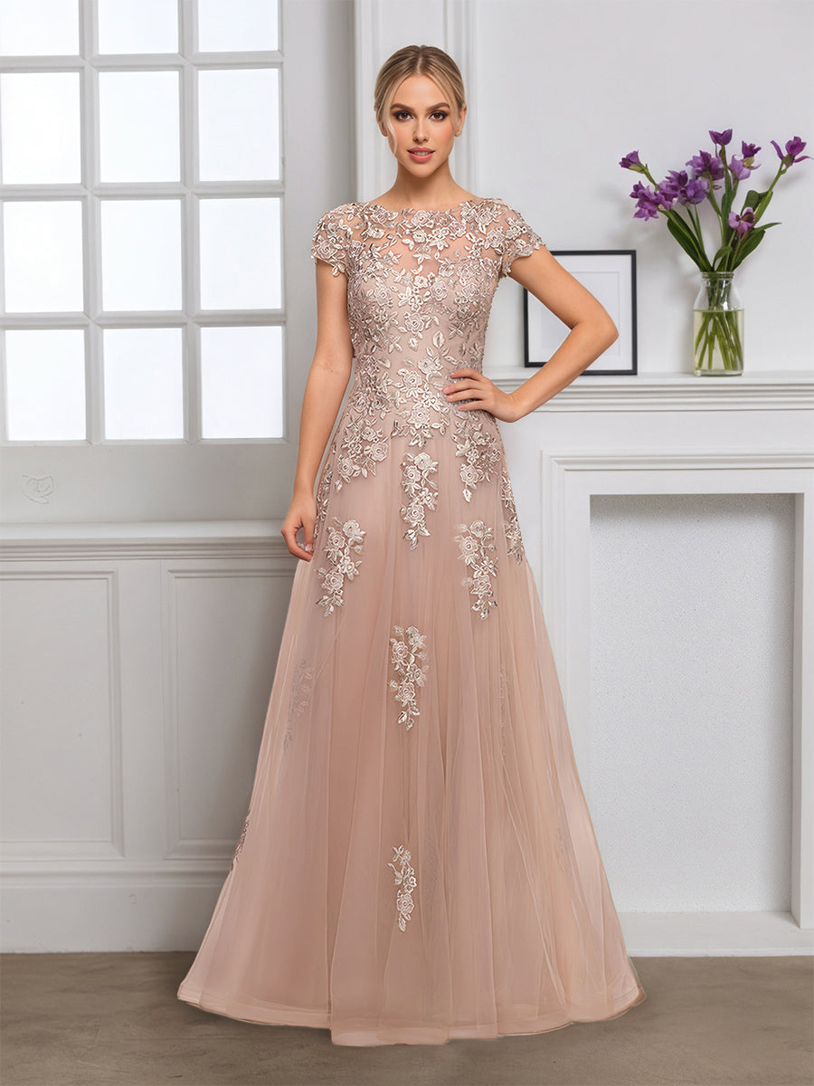 Cicinia Taupe Robe pour Mère de la Mariée Longue en Tulle Appliqués Dentelle Manches Capelines