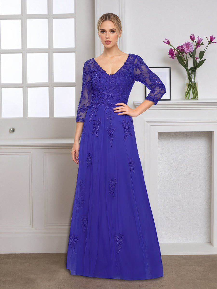 Cicinia Régence Robe pour Mère de la Mariée Longue en Tulle Appliqués Dentelle Décolleté en V Manches Trois-Quarts