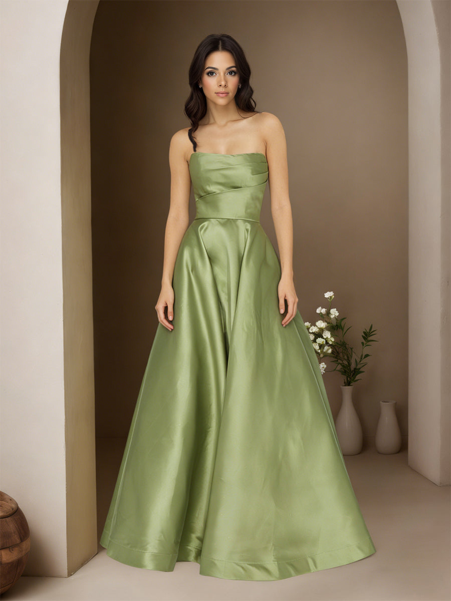 Cicinia SAUGE POUDREE Robe de Soirée Longue en Satin A-Line Longueur Sol sans Bretelles Chic