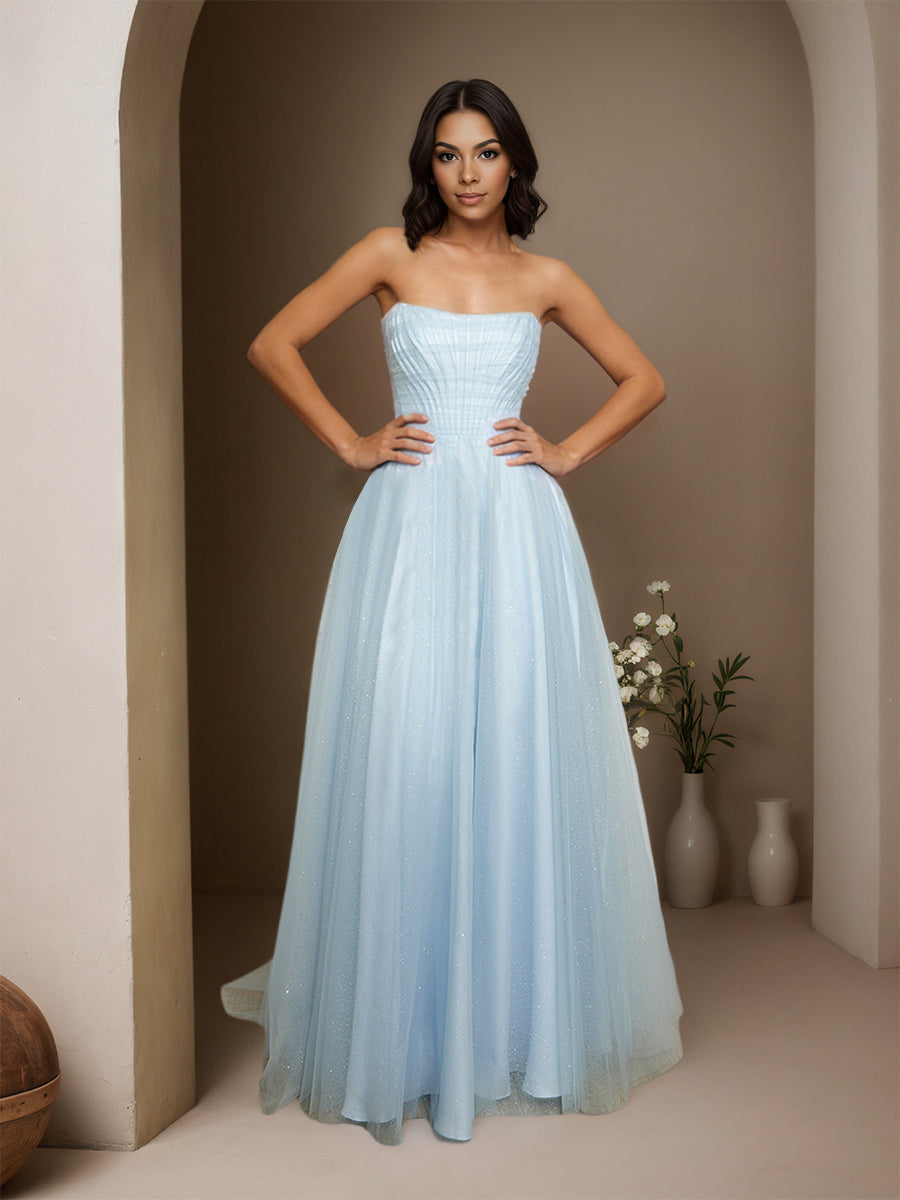 Cicinia BLEU_CIEL Robe de Soirée Longue en Tulle A-Line sans Bretelles Traîne Balayée