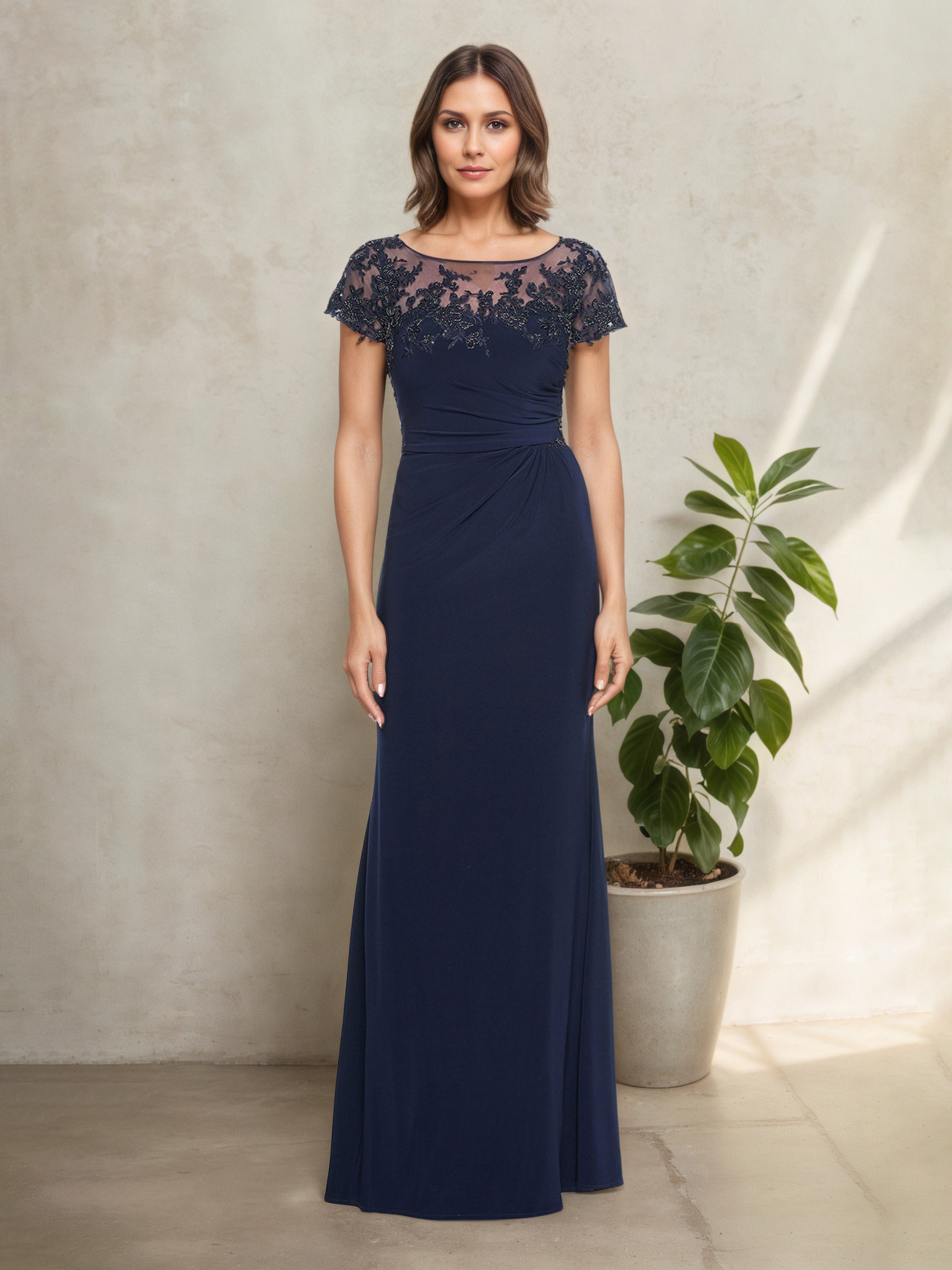 Robe Mère de la Mariée BLEU_MARINE Col ras du cou Fourreau/Colonne Longue à Manches Courtes