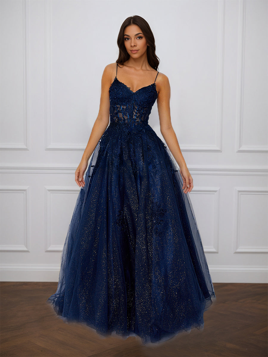 Cicinia Bleu Marine Foncé Robe de Soirée Longue en Tulle Scintillant A-Line Bretelles Spaghetti avec Traîne