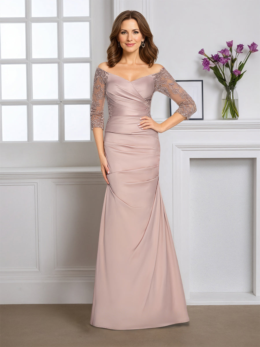 Cicinia Robe pour Mère de la Mariée CHAMPAGNE Longue en Tissu Extensible Fourreau Épaules Dénudées Élégante