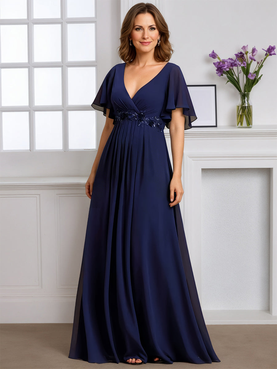 Cicinia Bleu Marine Robe pour Mère de la Mariée Longue A-Line en Mousseline Décolleté en V