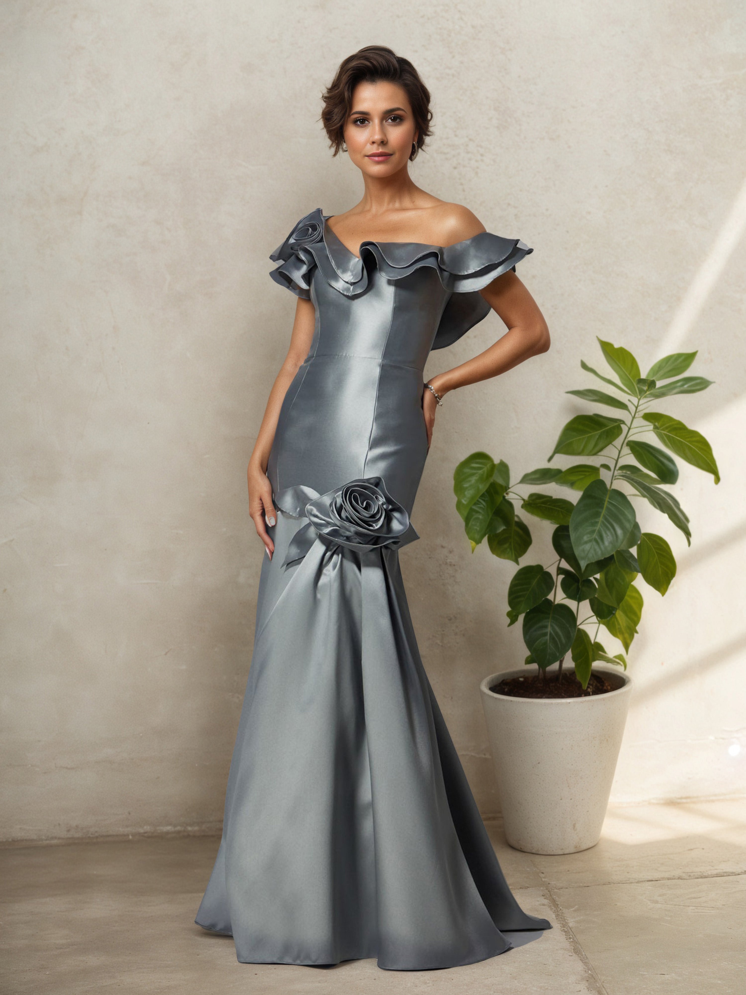Robe Mère de la Mariée Gris Sans Bretelles Volants Sophistiqués avec Traîne Balayage