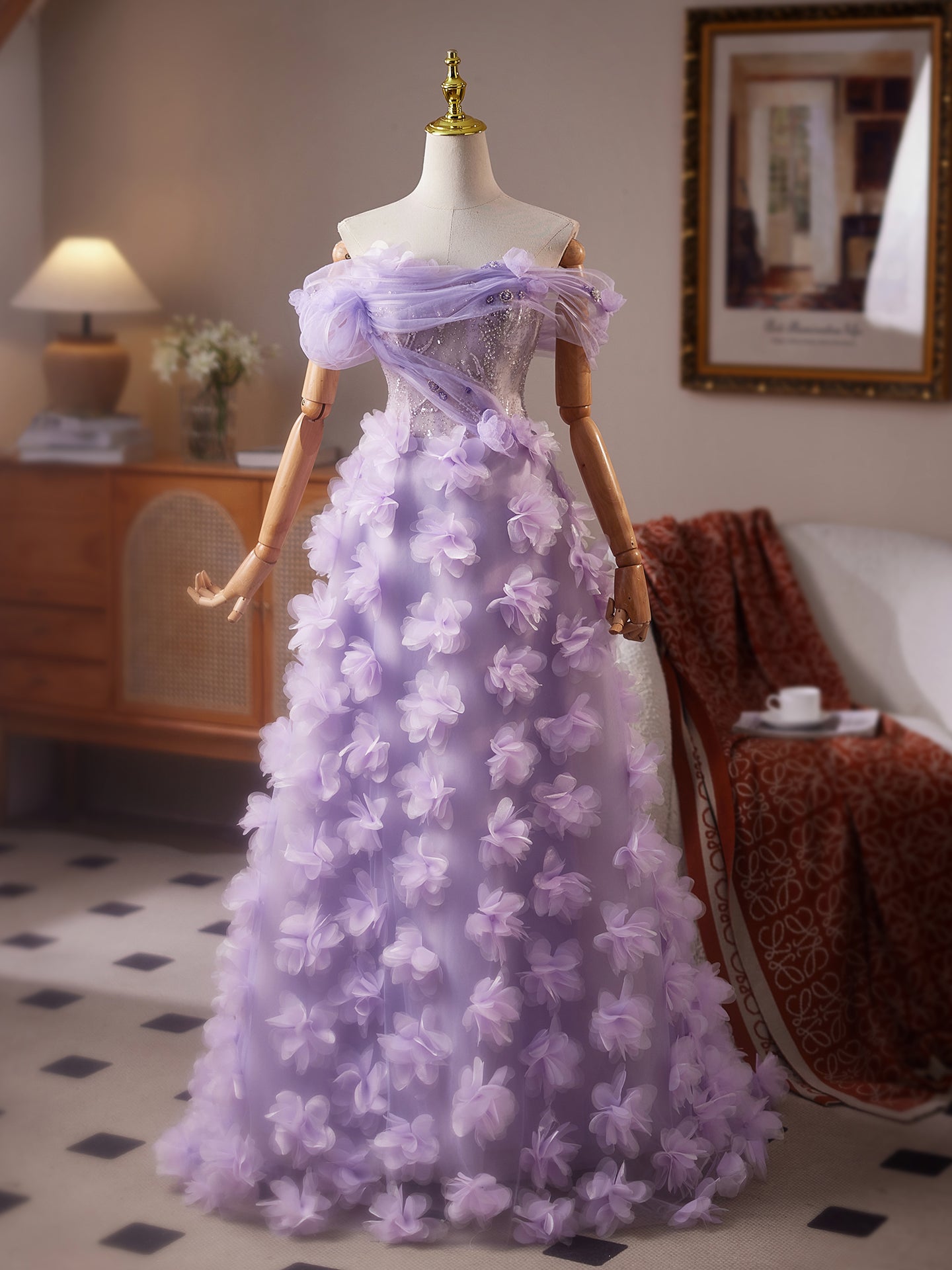 Nouvelle Arrivée Robe de Bal Lilas en Tulle Broderie de Perles et Appliqués Fleurs Longue