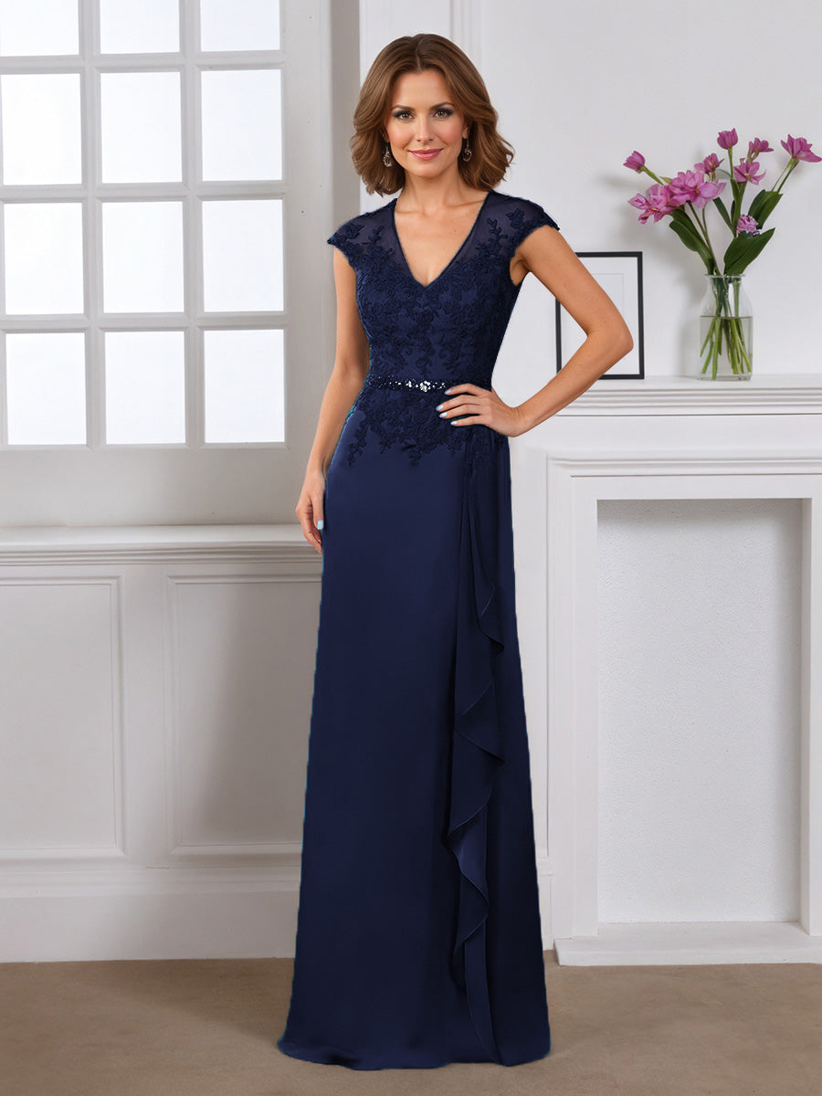 Cicinia Bleu Marine Foncé Robe pour Mère de la Mariée Longue Fourreau Décolleté en V Appliqués Dentelle