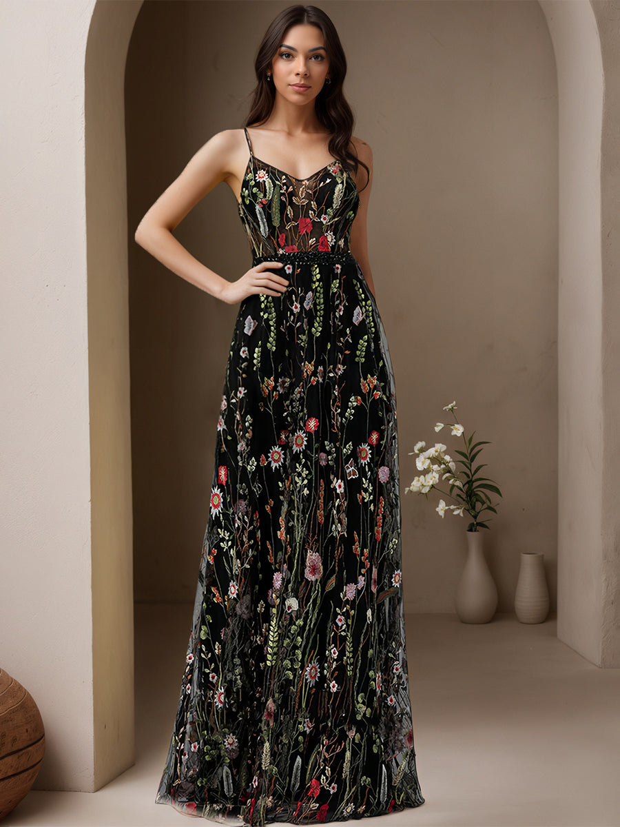 Cicinia Noir Robe de Soirée Longue en Dentelle Florale A-Line Bretelles Spaghetti Perlé Longueur Sol
