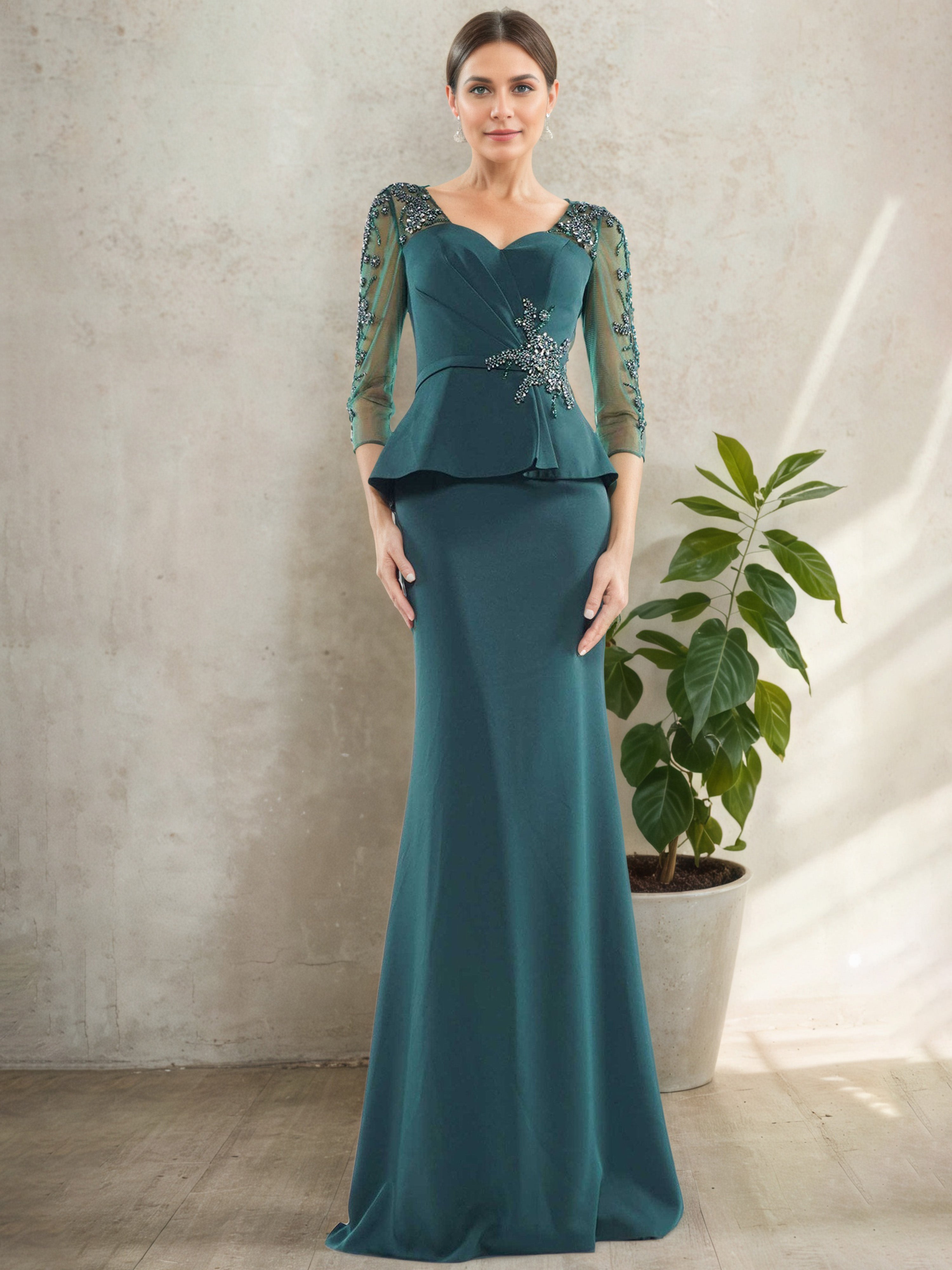 Robe Mère de la Mariée BLEU_ENCRE Trompette Bodycon à Manches Longues avec Overlay Sophistiqué