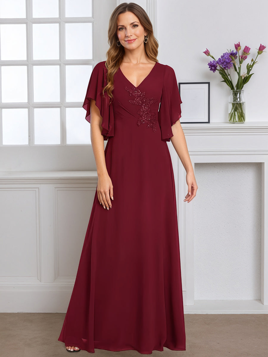 Cicinia Robe pour Mère de la Mariée BORDEAUX Longue A-Line en Mousseline Manches Papillons Longueur Sol
