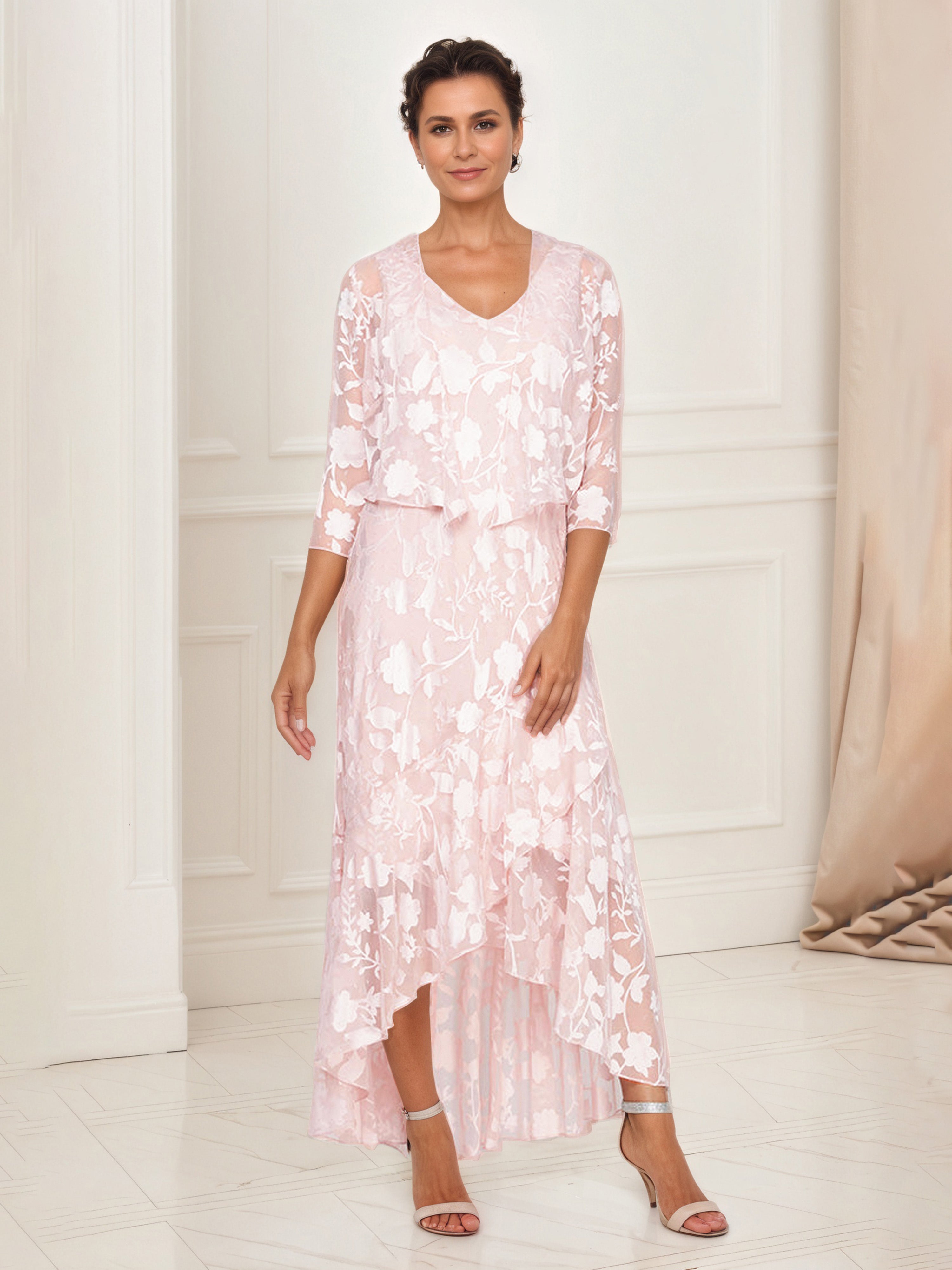 Tenue Mère De la Mariée Très Chic ROSE_PERLE Robe Ensemble Asymétrique en Forme de Tulipe Avec Manches 3/4 Veste