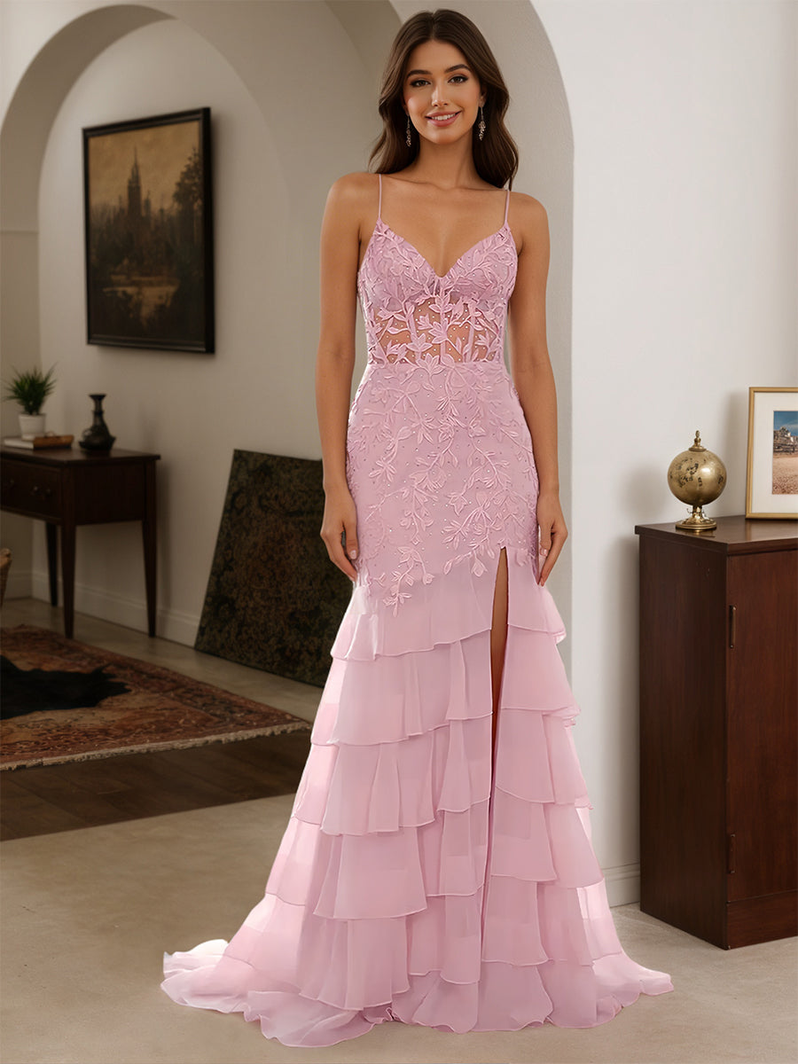 Cicinia Robe de Soirée en Rose Longue Fourreau en Mousseline Appliqués Dentelle à Volants à Bretelles Spaghetti